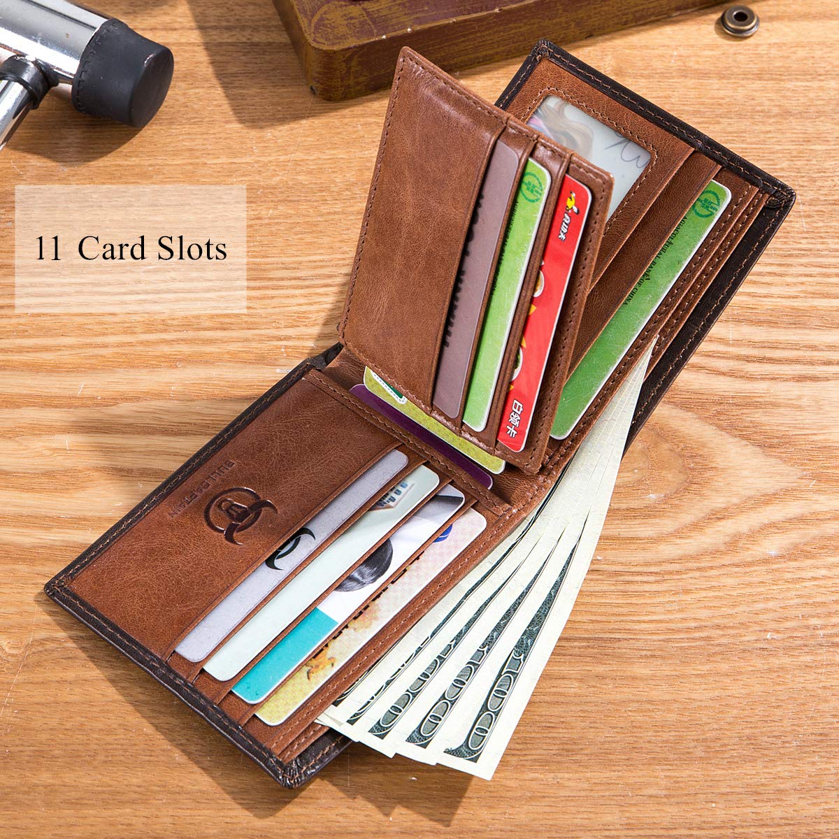 BULLCAPTAIN RFID Wallet Men Genuine Leather 11 Card Slots Brown