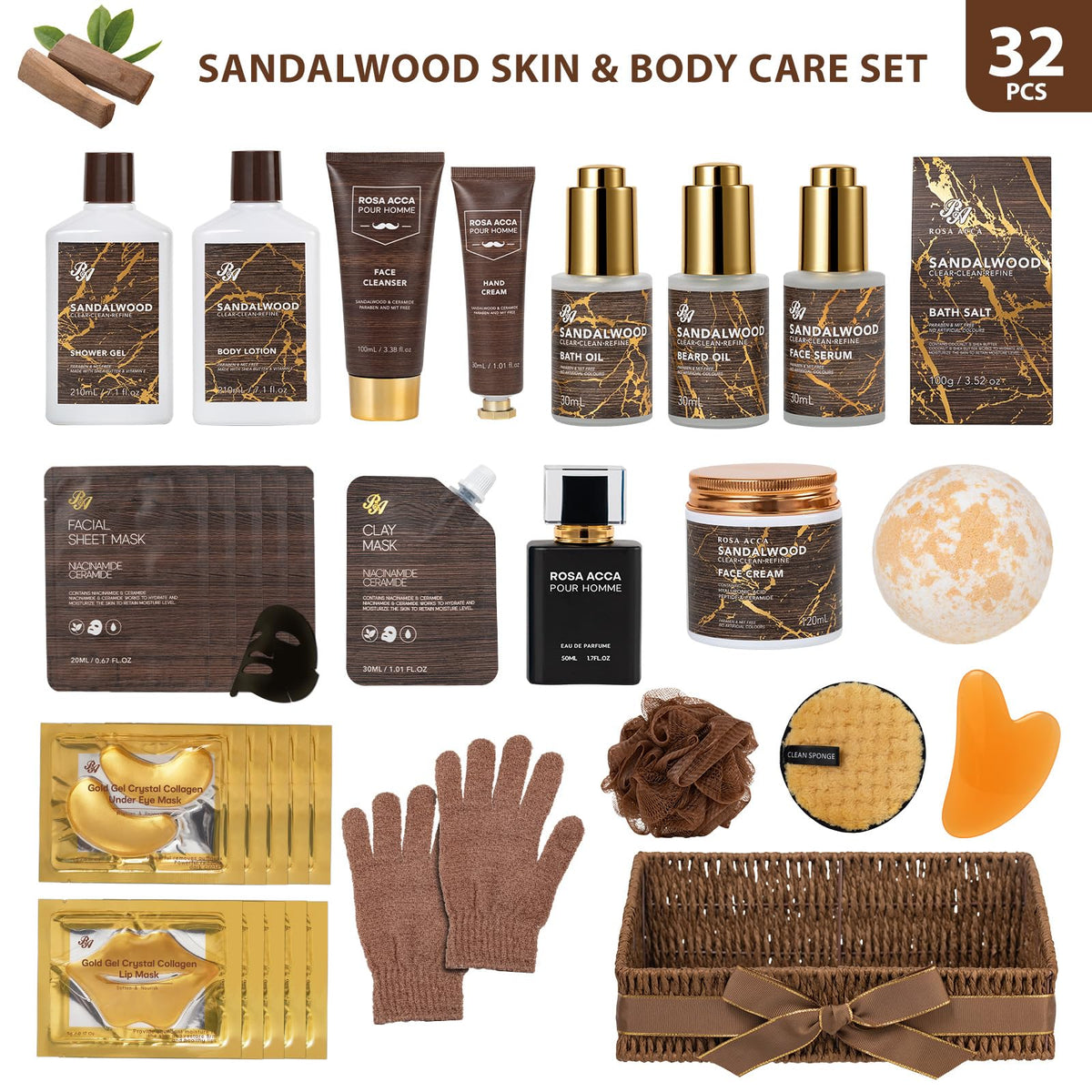 Sandalwood 32 Pcs Bath Body Gifts Basket for Men Beard - RA ROSA ACCA Official Imagery - 3