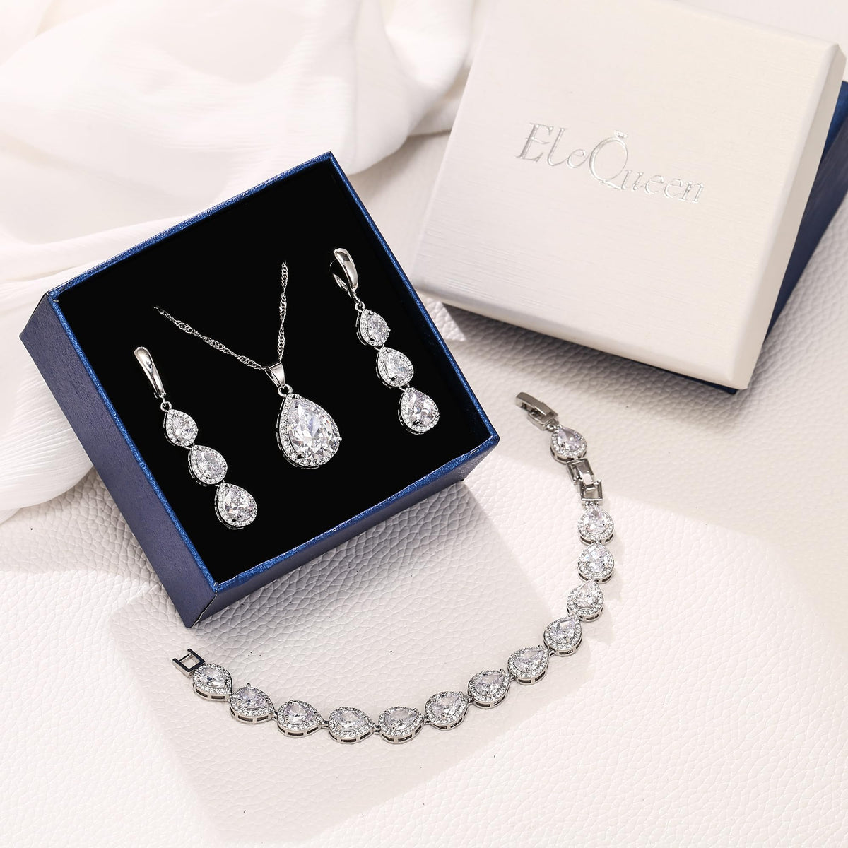 EleQueen Water Drop Pendant Necklace Long Dangle Earrings - EleQueen Official Imagery - 4