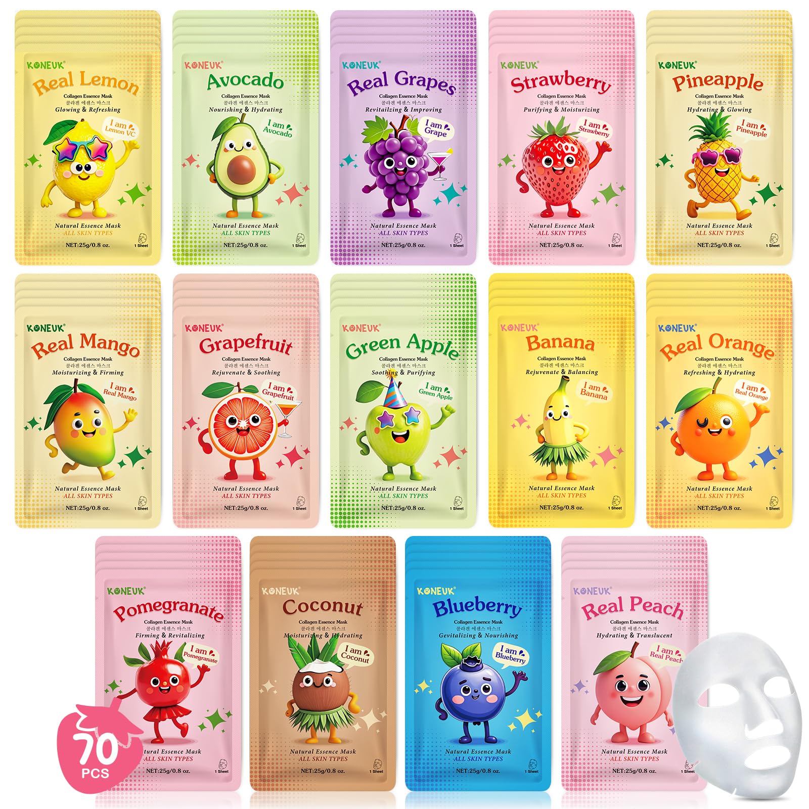 14 Pack Fruit Face Masks Skincare for Kids, Sheet Hydrating Facial Mask - KONEUK Official Product View 9