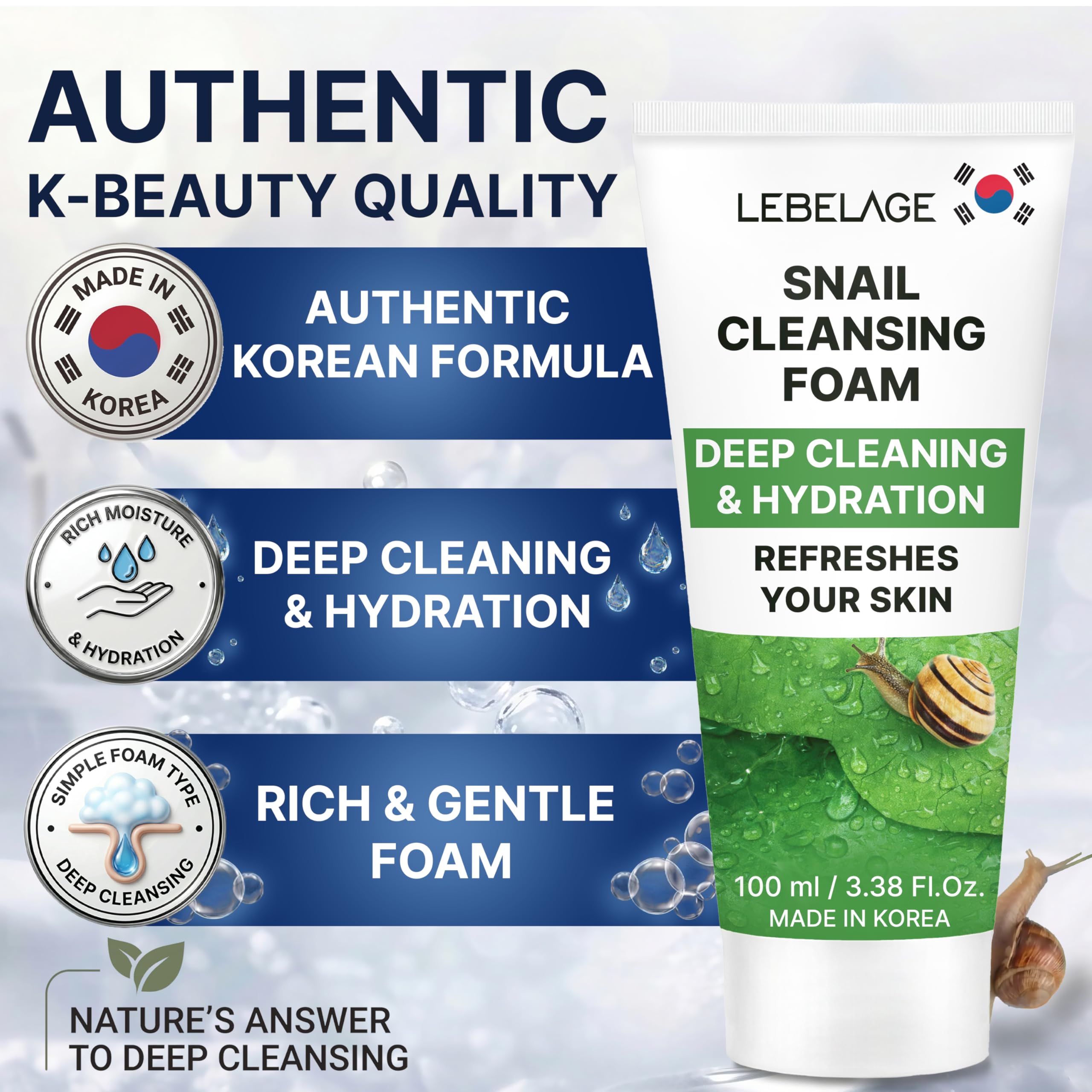LEBELAGE Korean Snail Facial Cleanser 3.38 oz - LEBELAGE
