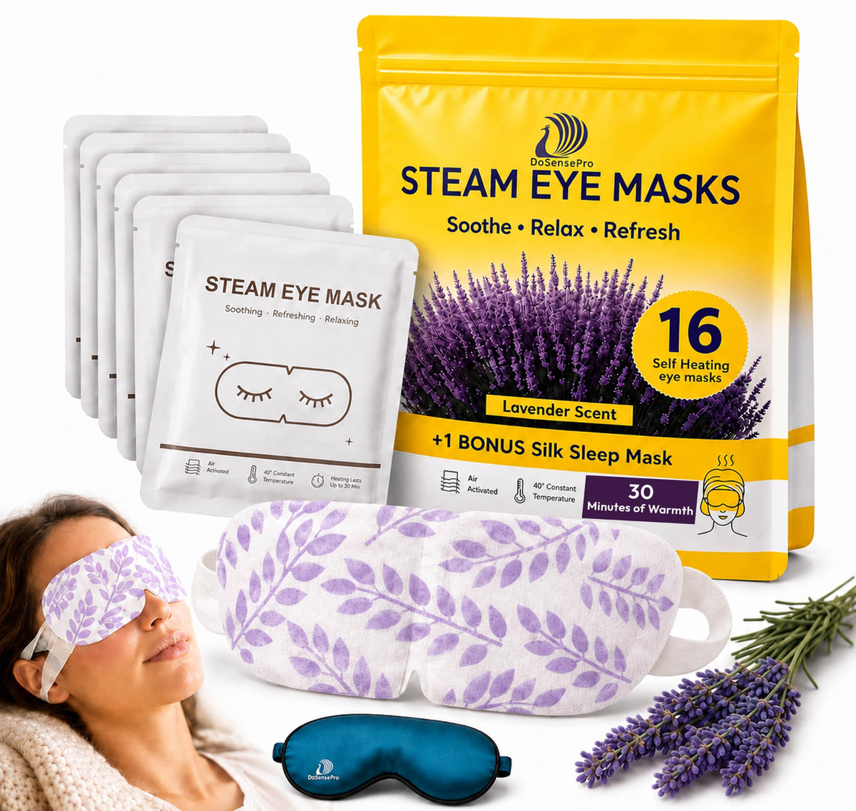 Lavender Steam Eye Mask for Dry Eyes Self Heating 16 Pack - DoSensePro Official Imagery - 2