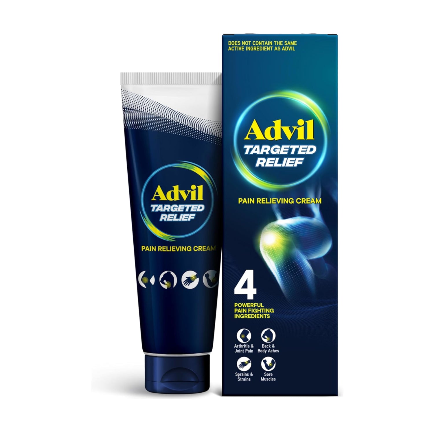 Advil Targeted Relief Pain Relieving Cream in a tube, showing its packaging and applicator for up to 8 hours of pain relief.