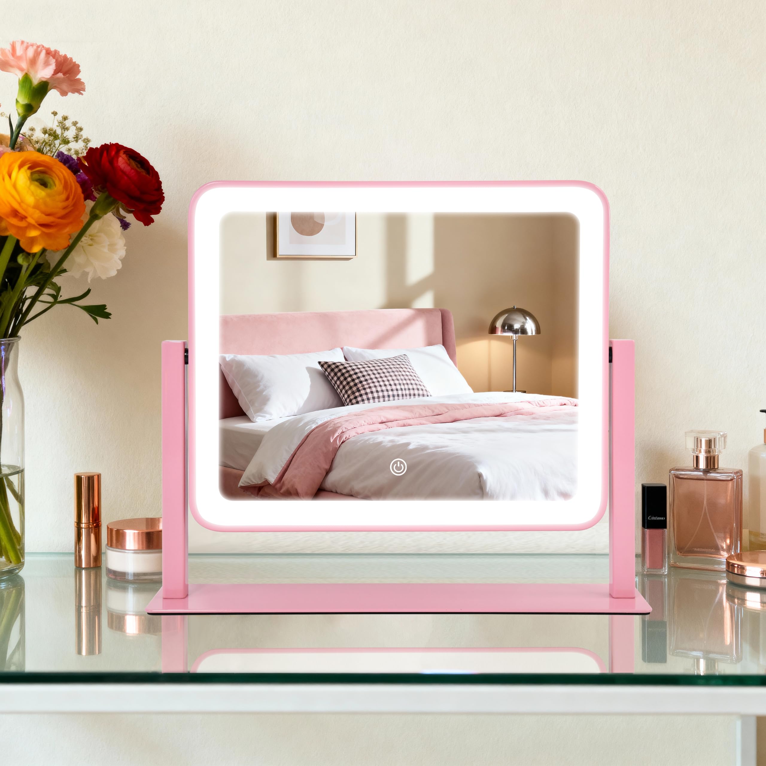 YEKKOPT Led Desk Vanity Mirror with Lights,10"×12" Pink Rechargeable Makeup Mirr - YEKKOPT Official Product View 6