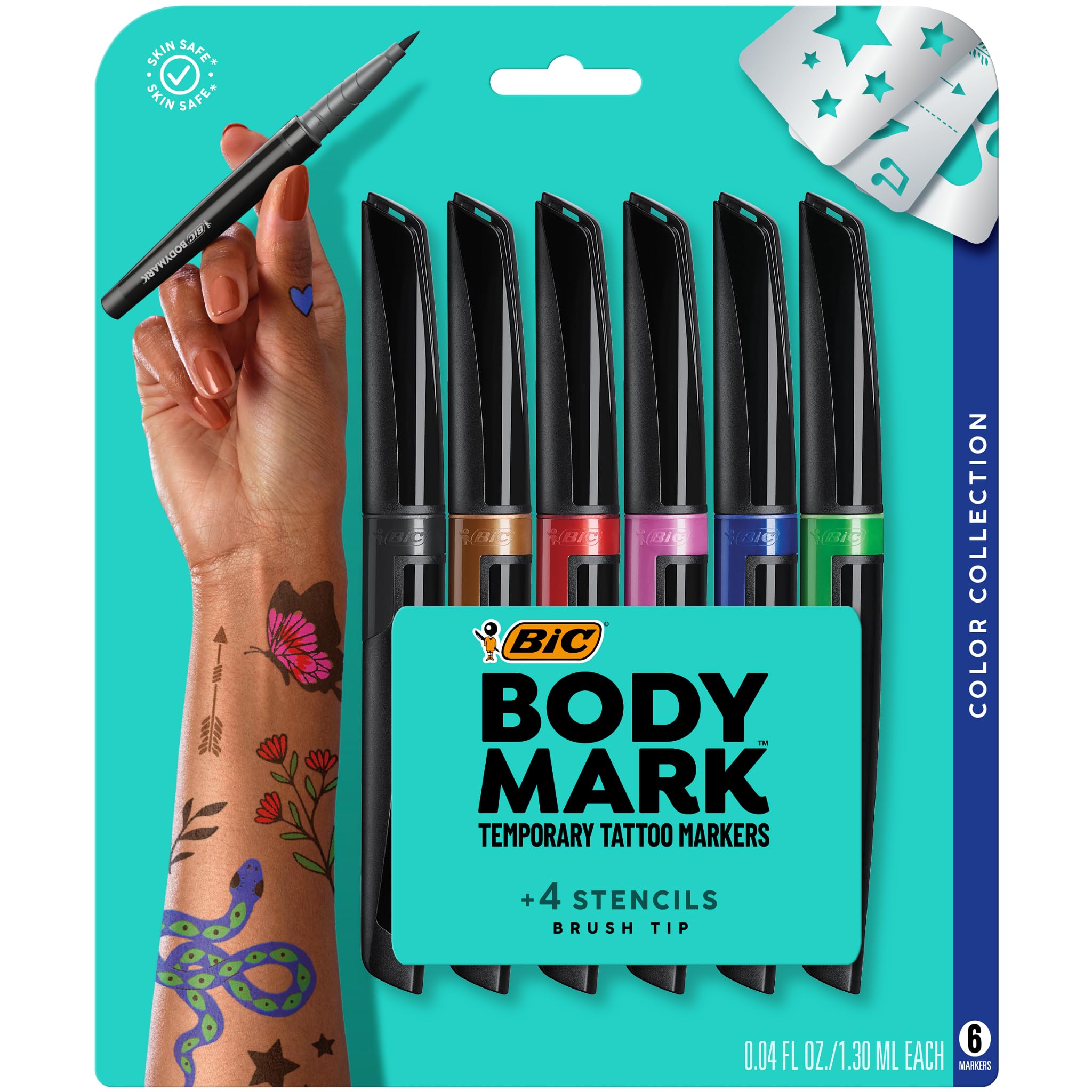 BIC BODYMARK Temporary Tattoo Markers, 6-Count Pack, Color Collection