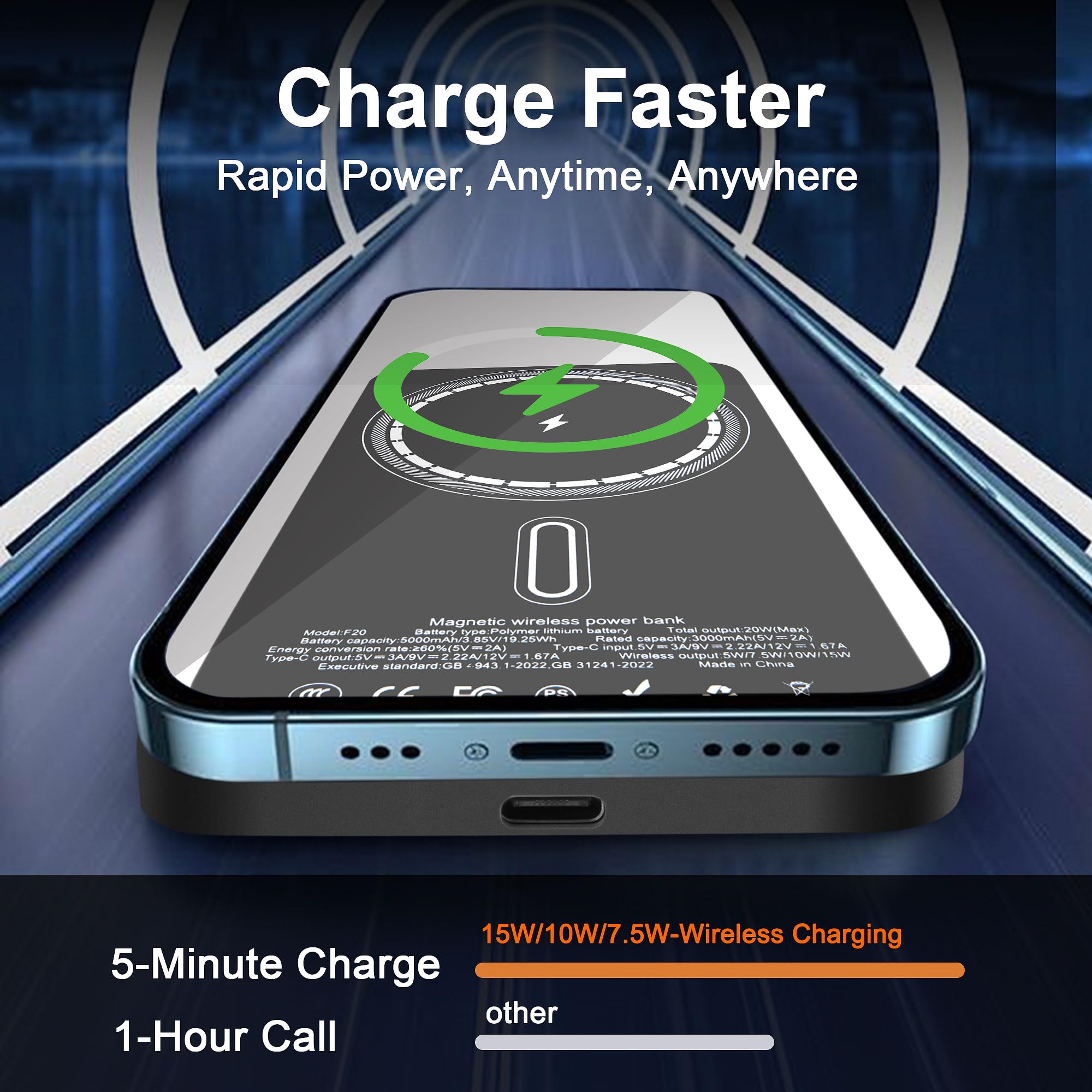 VONUV Magnetic Portable Charger 5000mAh, 15W Ultra Slim Wireless by VONUV - Angle View 2