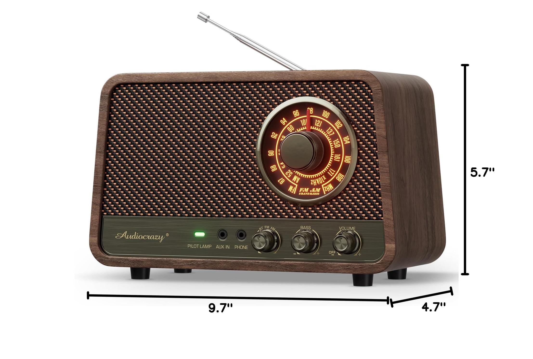 Audiocrazy Vintage Wood AM FM Bluetooth Radio, 10W Espresso