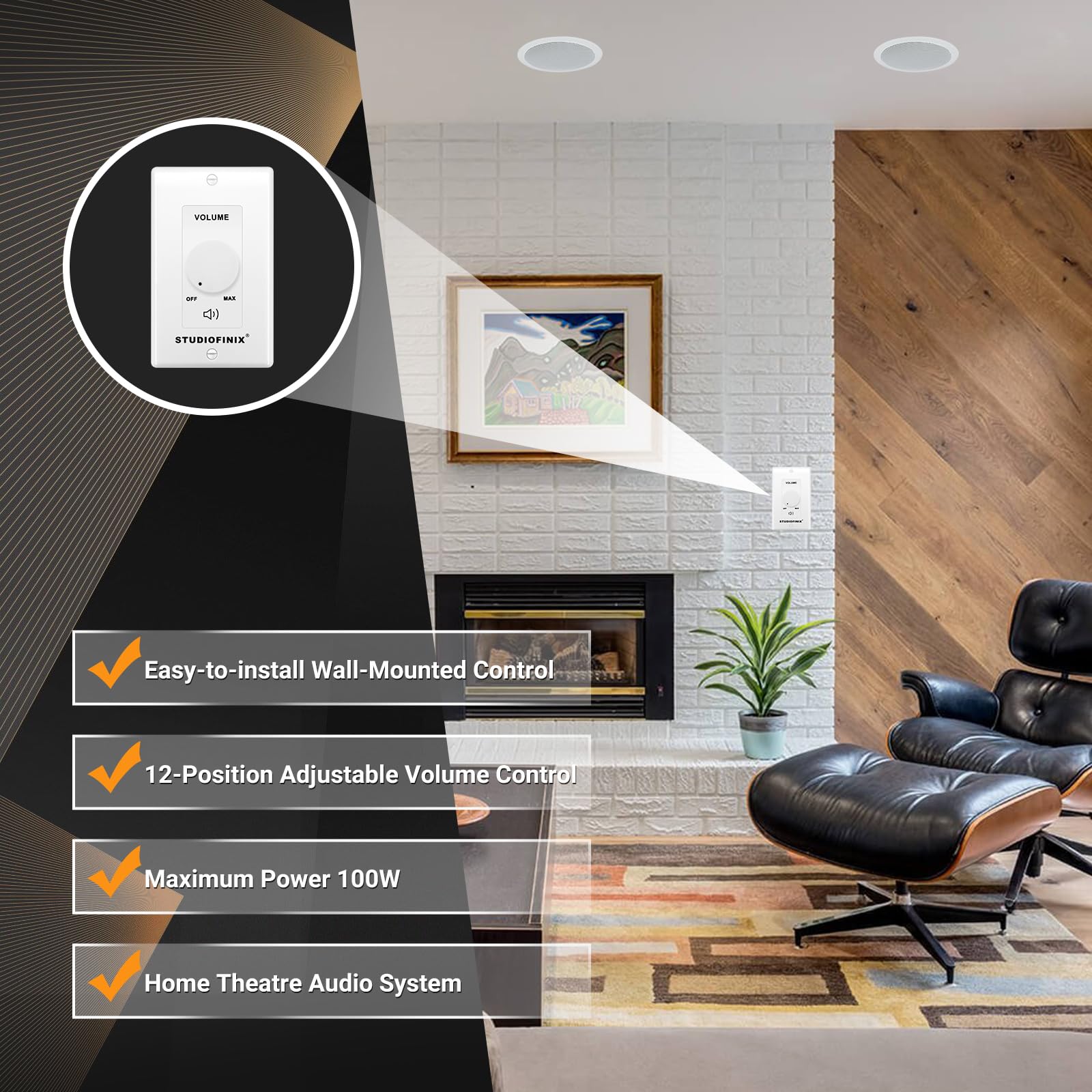STUDIOFINIX 100W in Wall Volume Control Knob Matching Impedance - by STUDIOFINIX - Angle View 3