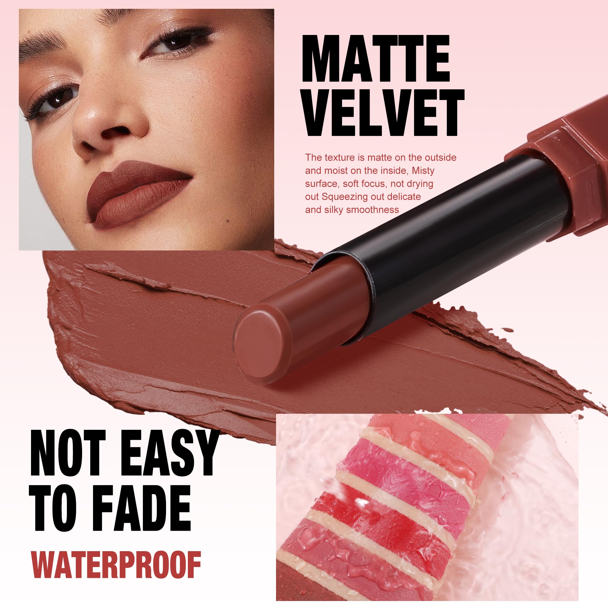 SAUBZEAN Long Lasting Matte Velvet Lipstick in Fuchsia Rose, a vibrant pink lipstick tube with the product cap removed showing the color.