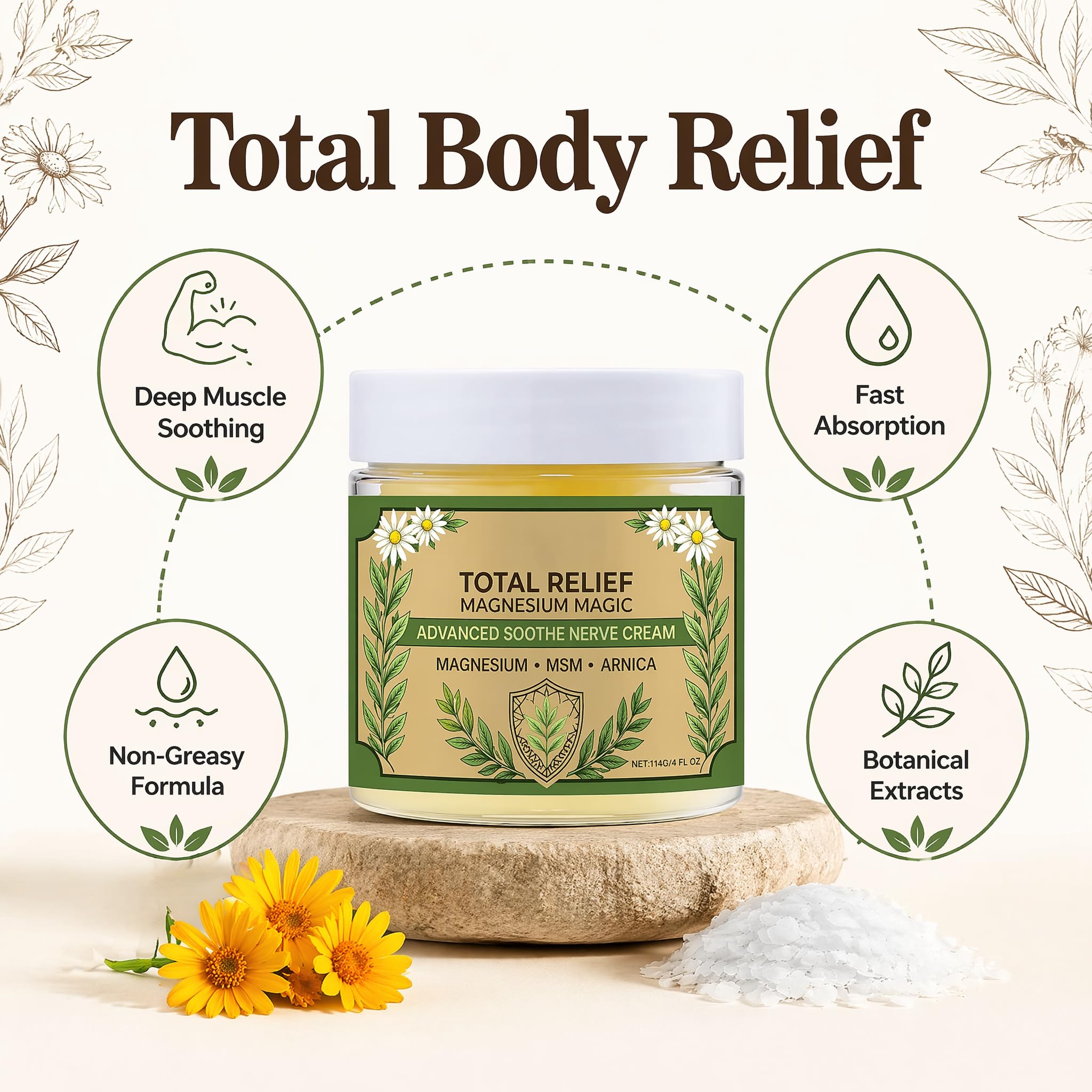 AOOTUYA Total Relief Magnesium Cream with MSM & Arnica, 4 Fl Oz