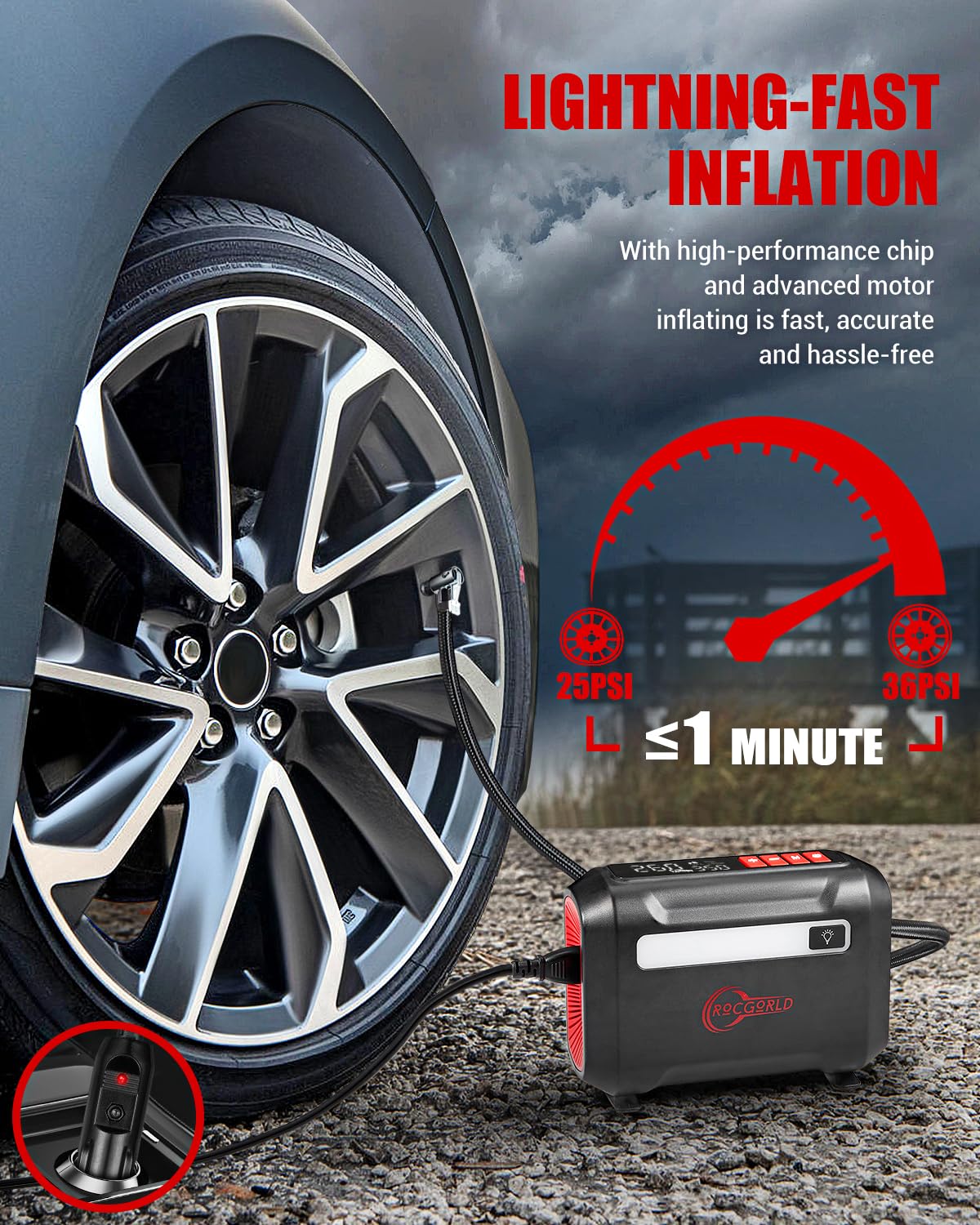 ROCGORLD R8 Tire Inflator Portable Air Compressor, DC 12V Air Compress - View 2