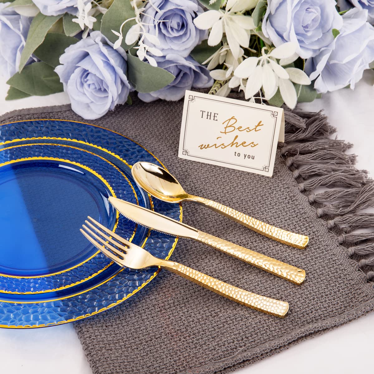 Nervure 150PCS Clear Blue Plastic Plates with Gold Hammered - Nervure Official Imagery - 3