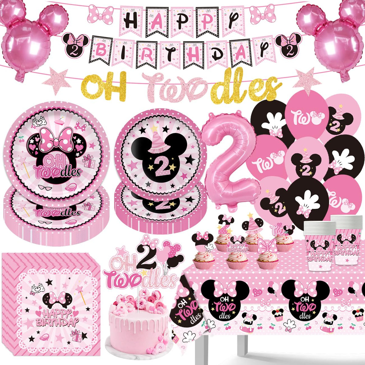 108Pcs Pink Mouse Birthday Decorations Tableware Oh Twodles - XHCYGWY Official Imagery - 1