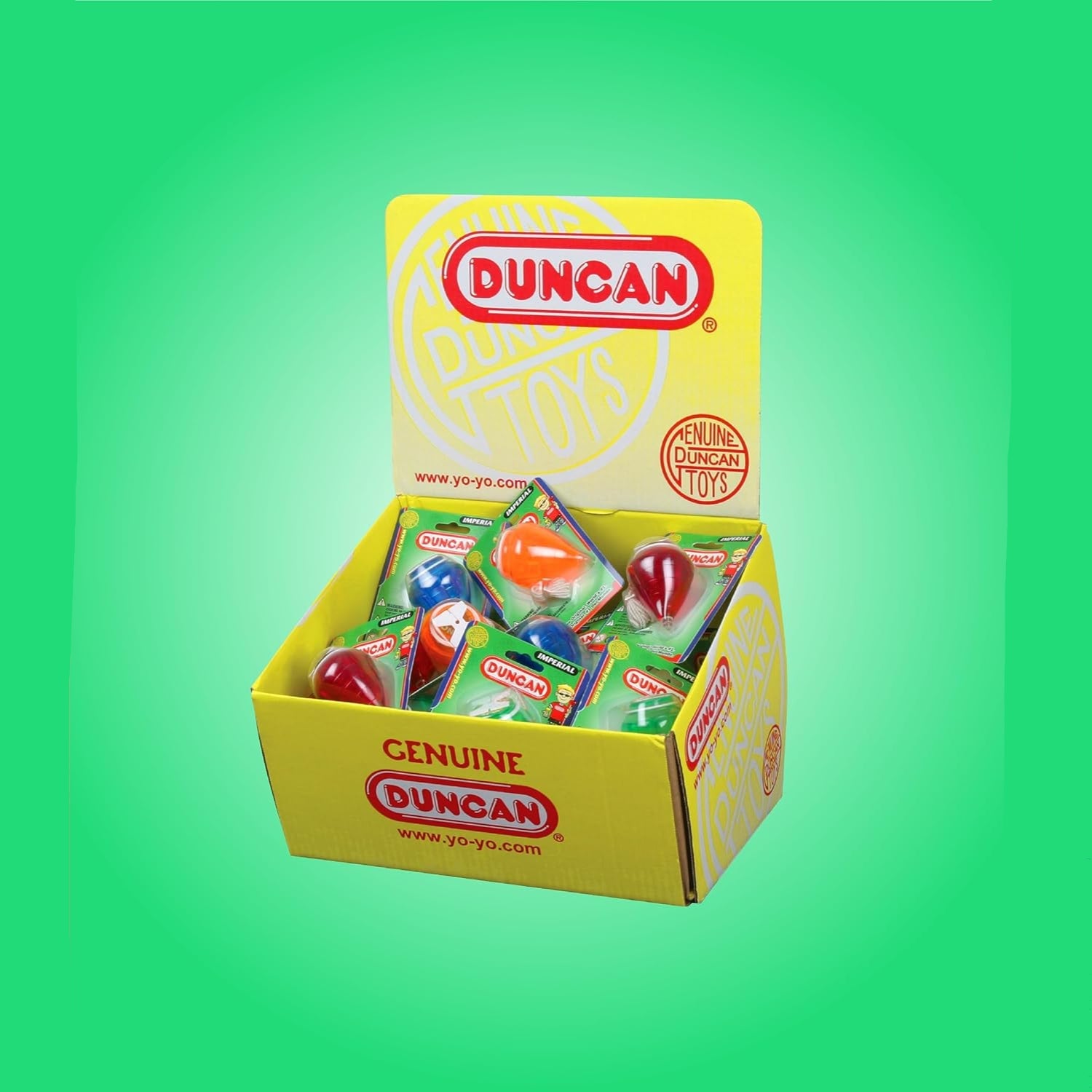 Duncan Toys Imperial Spintop in various colors, small size, spinning toy with a wooden handle and vibrant finish.