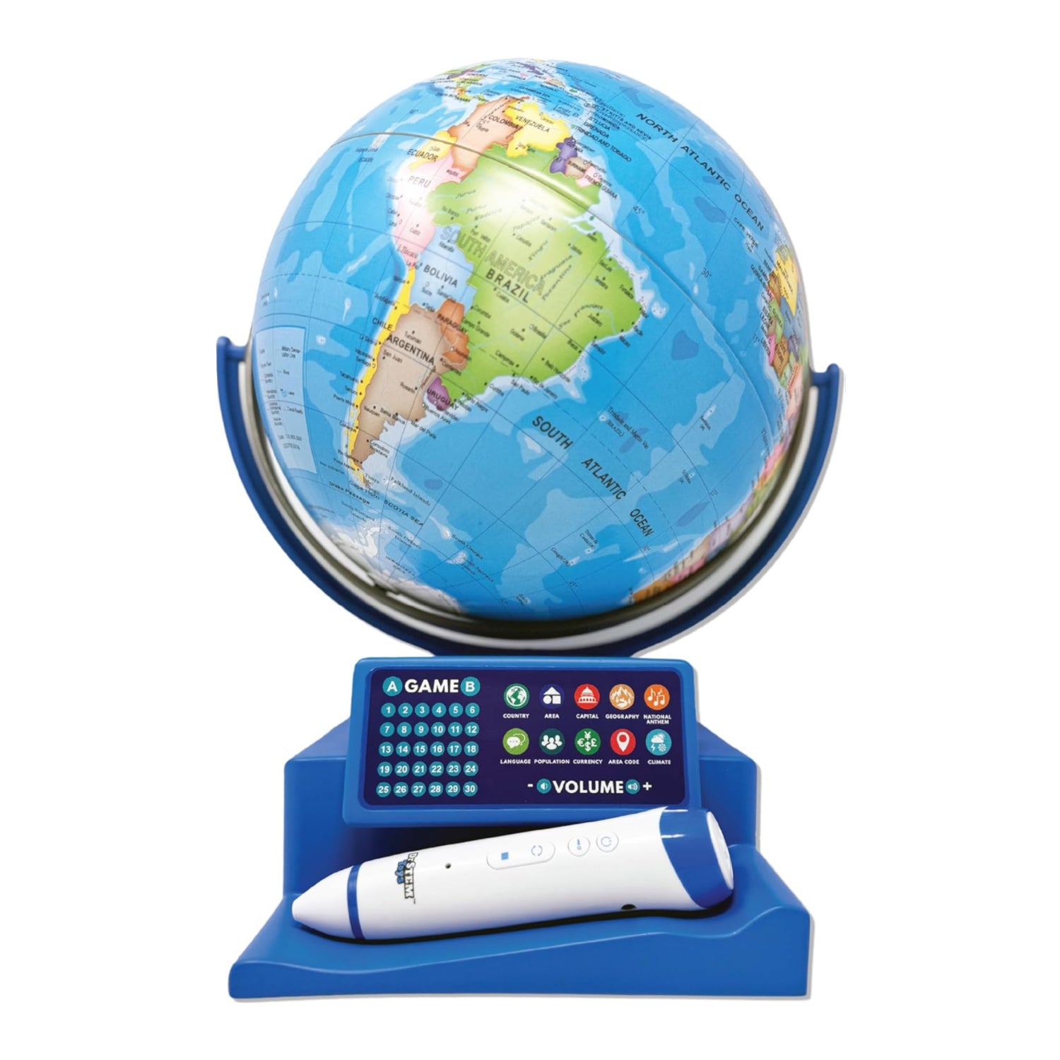 Dr. STEM Toys interactive talking globe with smart pen and game panel, educational map for kids and learning fun.