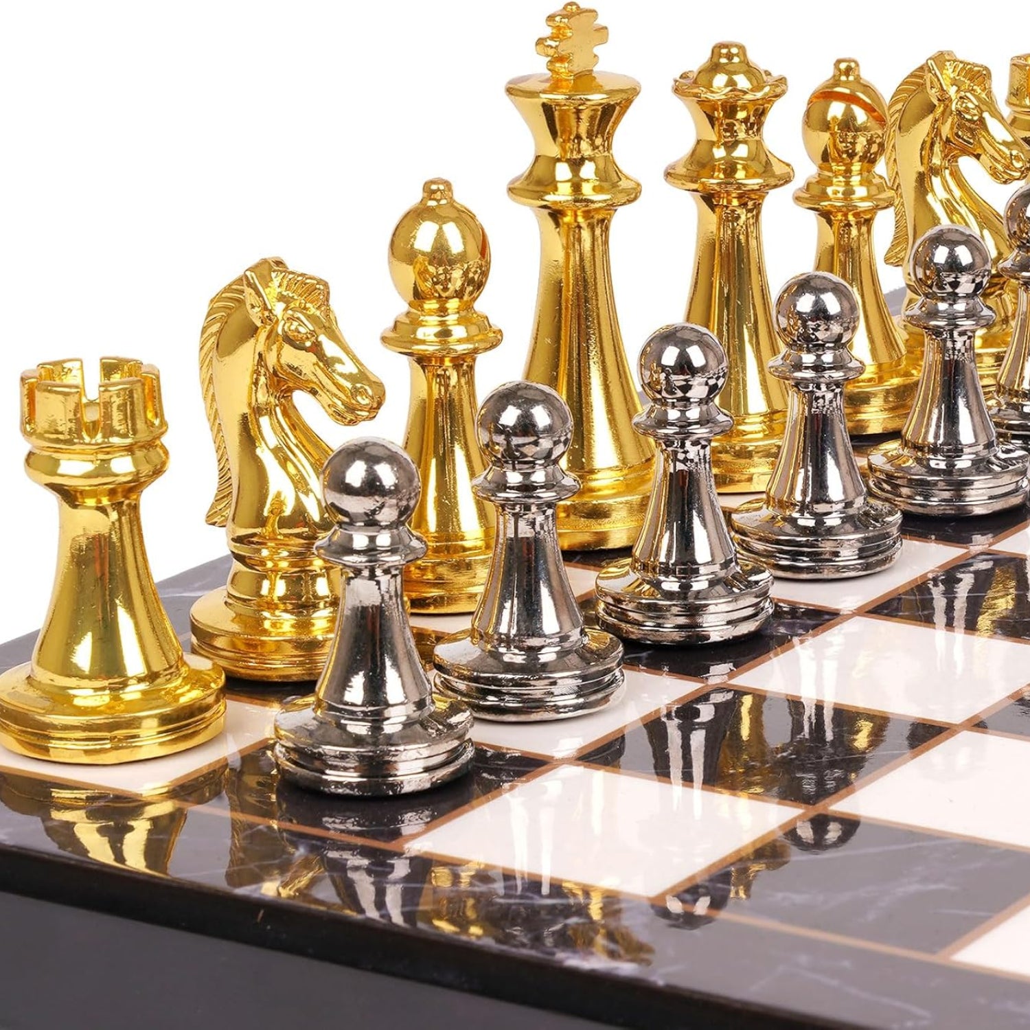 Marbling metal chess set for adults with a detailed chess board and metal chess pieces, designed for strategic gameplay.