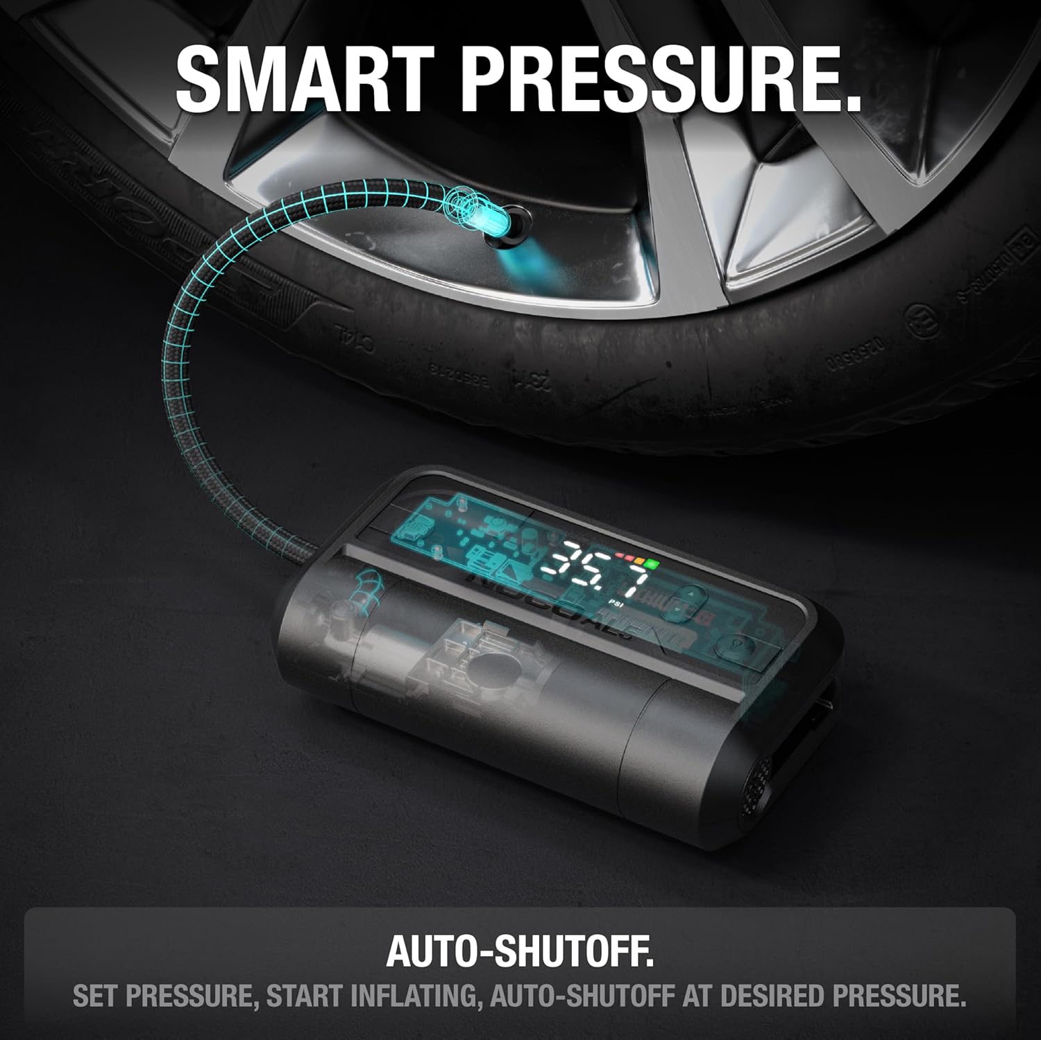 NOCO Air AL5 cordless tire inflator with digital display, compact portable rechargeable air compressor for easy tire inflation.