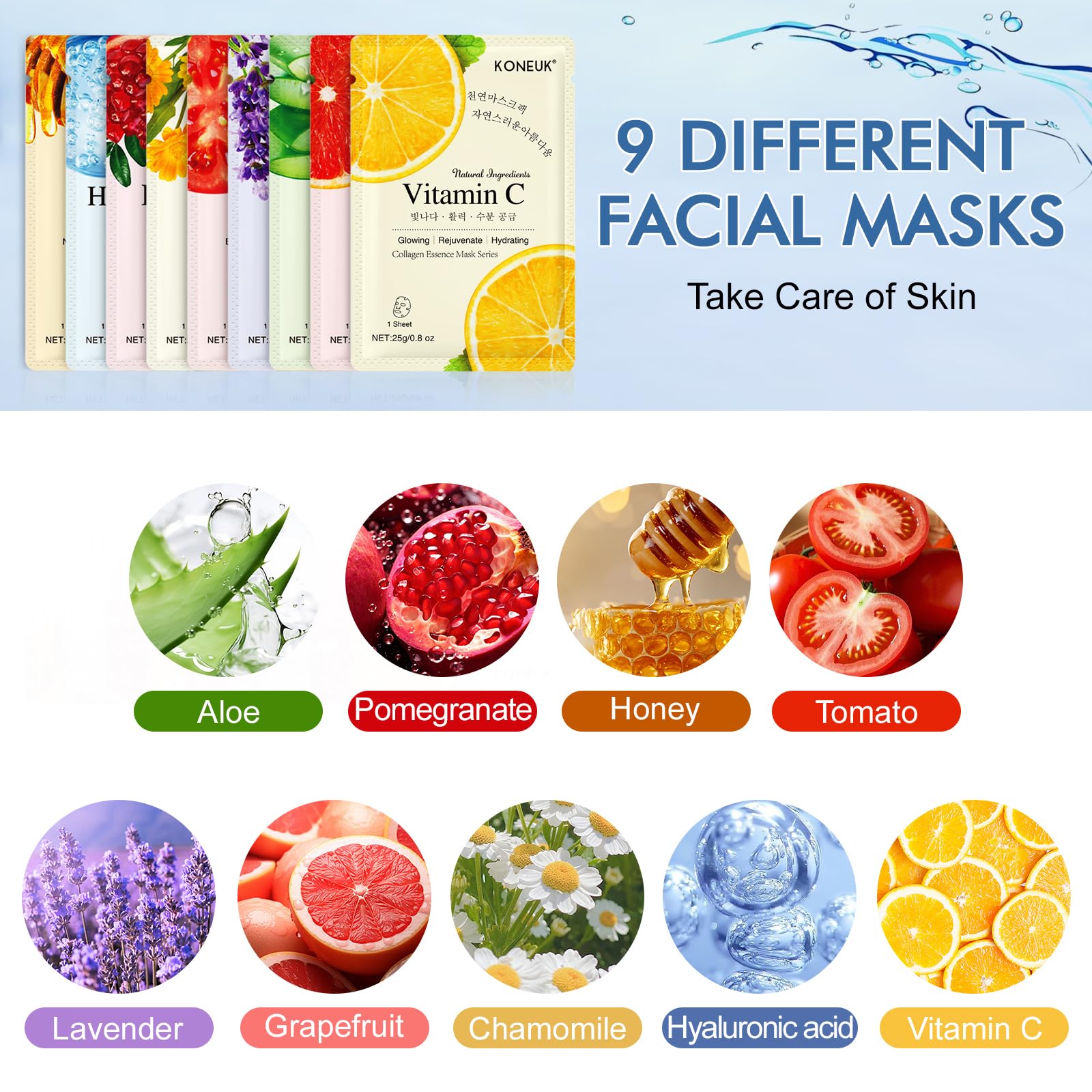 9 Pack Collagen Face Masks Skincare for Women, Hydrating Sheet - KONEUK