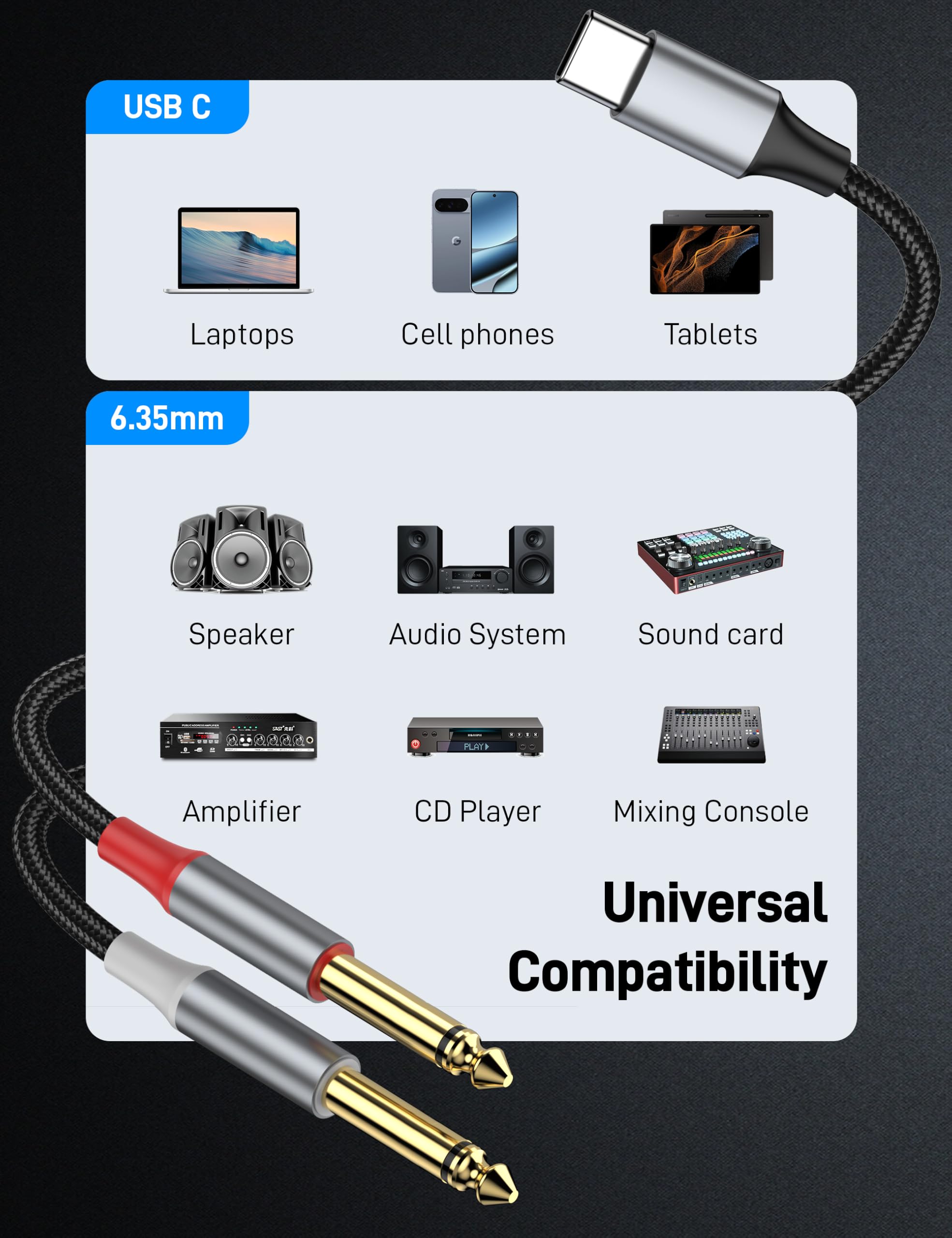 KAYQINHO USB C to Dual 1/4 inch Audio Cable 3.3FT, USB Type C to by KAYQINHO - Angle View 5