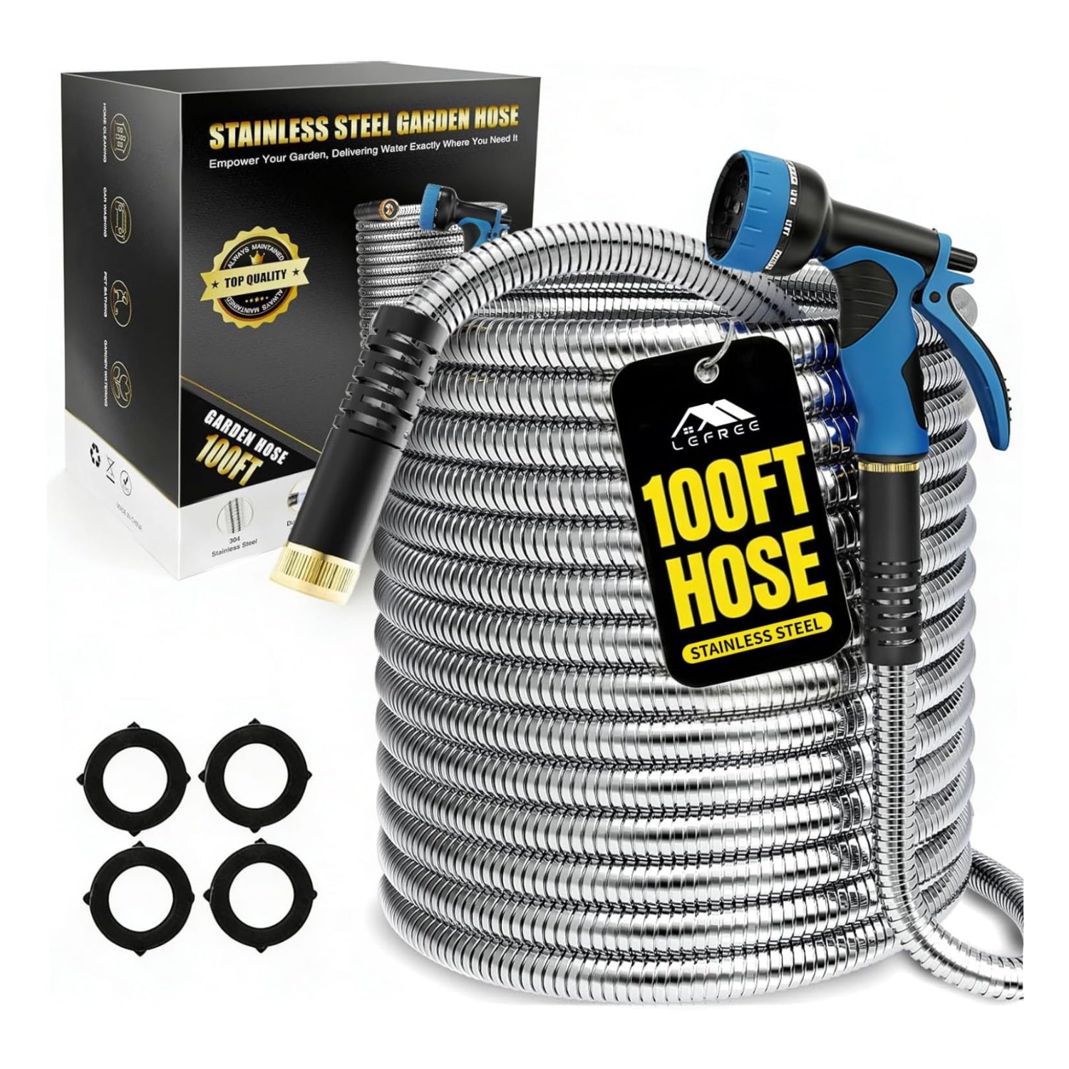 Lefree 100ft heavy-duty stainless steel garden hose, flexible metal water hose with durable 304 stainless steel construction
