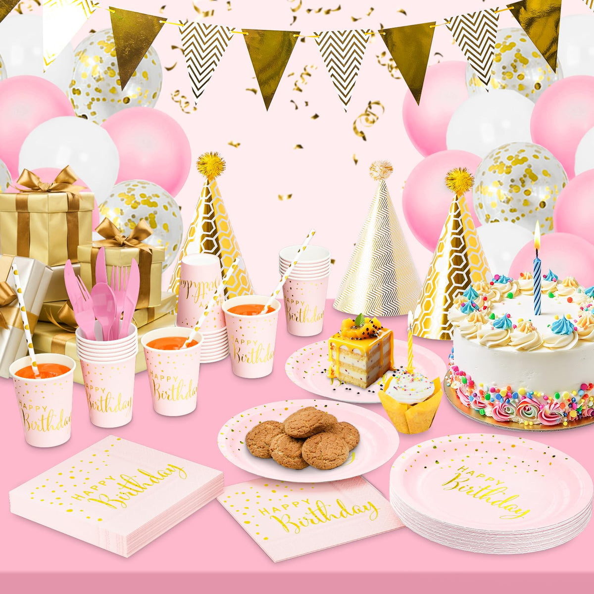 DYLIVeS 192pcs Pink Gold Dots Happy Birthday Party Pack - DYLIVeS Official Imagery - 4