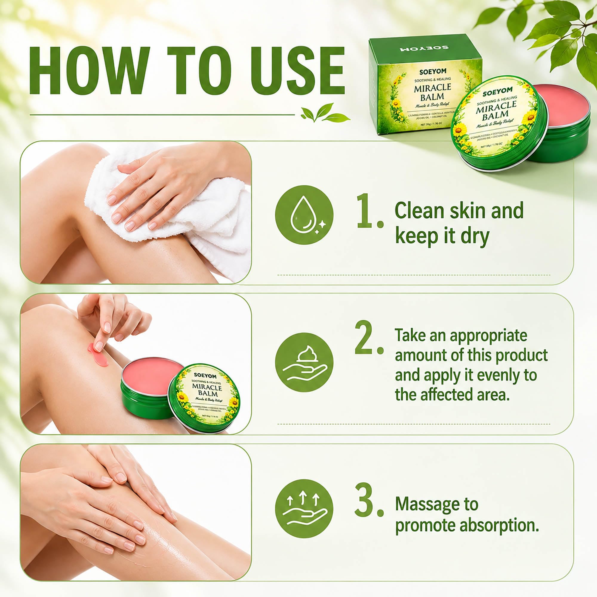 SOEYOM Miracle Balm cooling body and muscle relief moisturizer in 50g jar, designed for soothing and hydration.