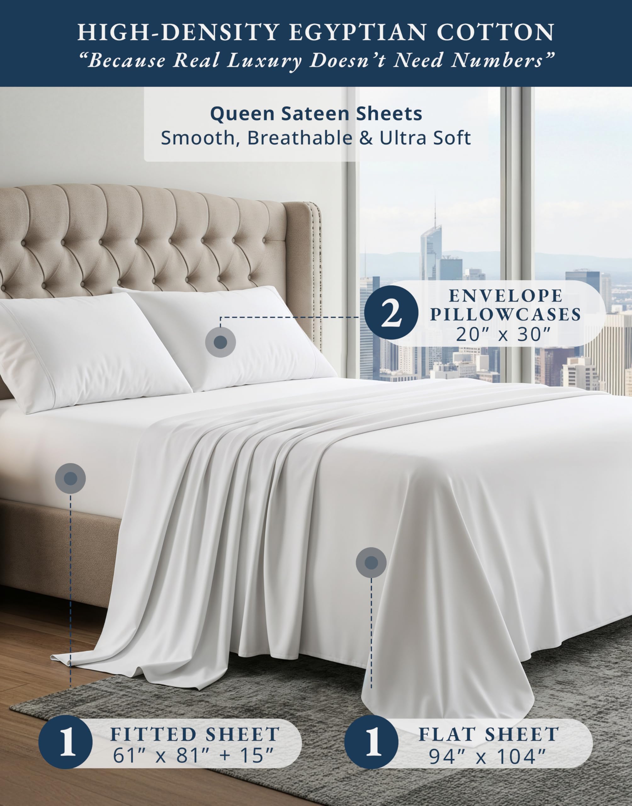 LANE LINEN 100% Egyptian Cotton Sheets Queen Size Sateen Weave - - LANE LINEN Official Product View 2
