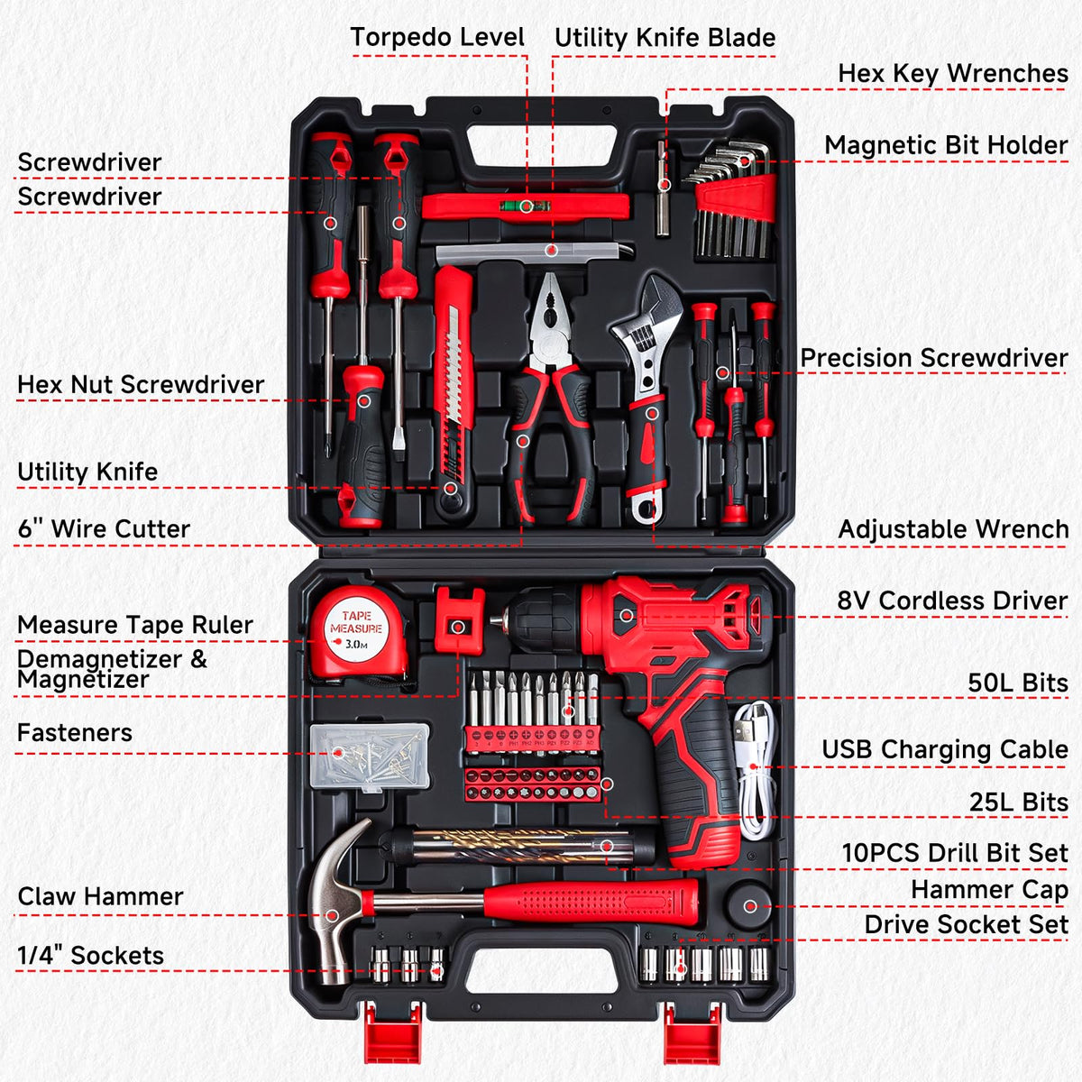 8V Cordless Drill Set 132 Piece Home Tool Set for DIY Home - prekull Official Imagery - 7