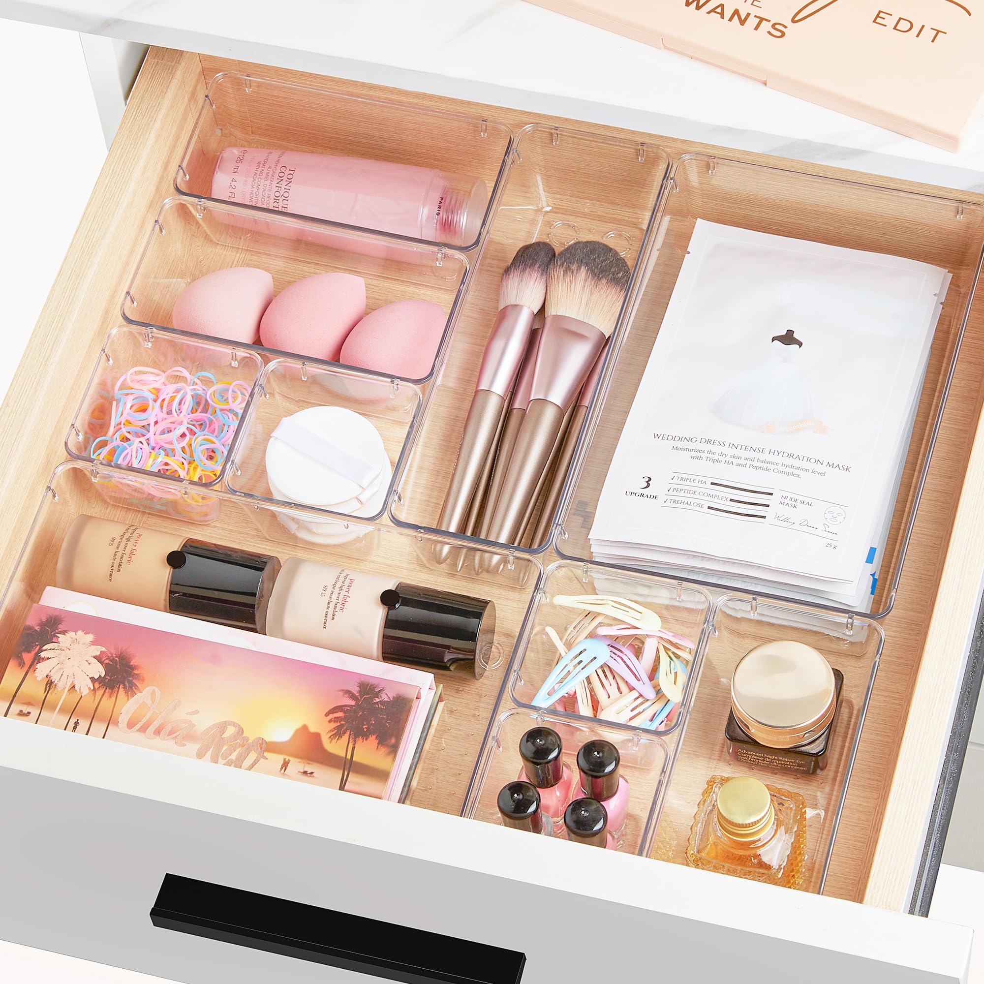 Vtopmart 25 PCS Clear Plastic Drawer Organizers Set, 4-Size Versatile Bathroom and Vanity Drawer Organizer Trays, Storage Bins for Makeup, Bedroom, Kitchen Gadgets Utensils and Office - Vtopmart Official Product View 8