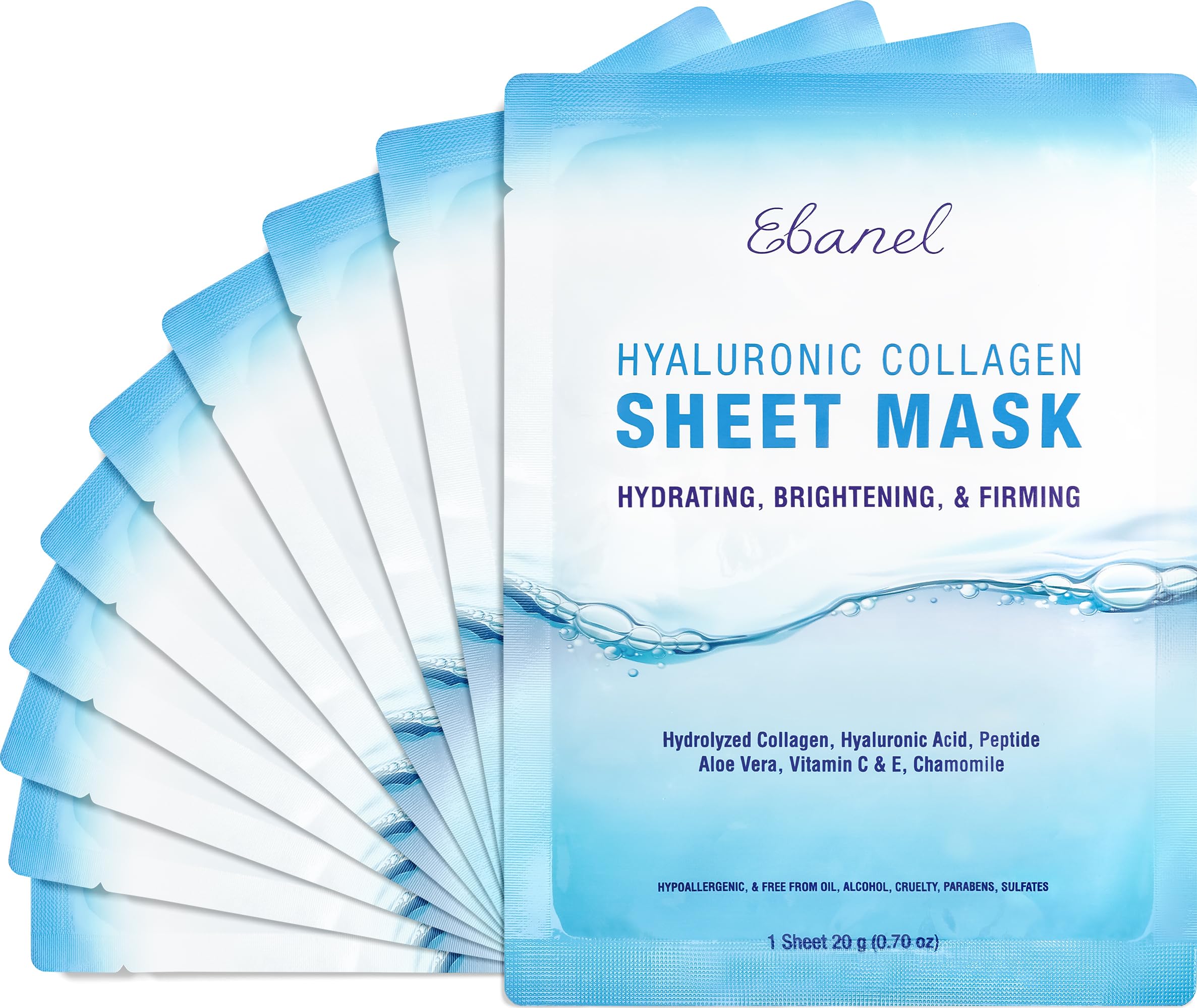 Ebanel 10-Pack Collagen Face Mask with Hyaluronic Acid, Vitamin - Ebanel