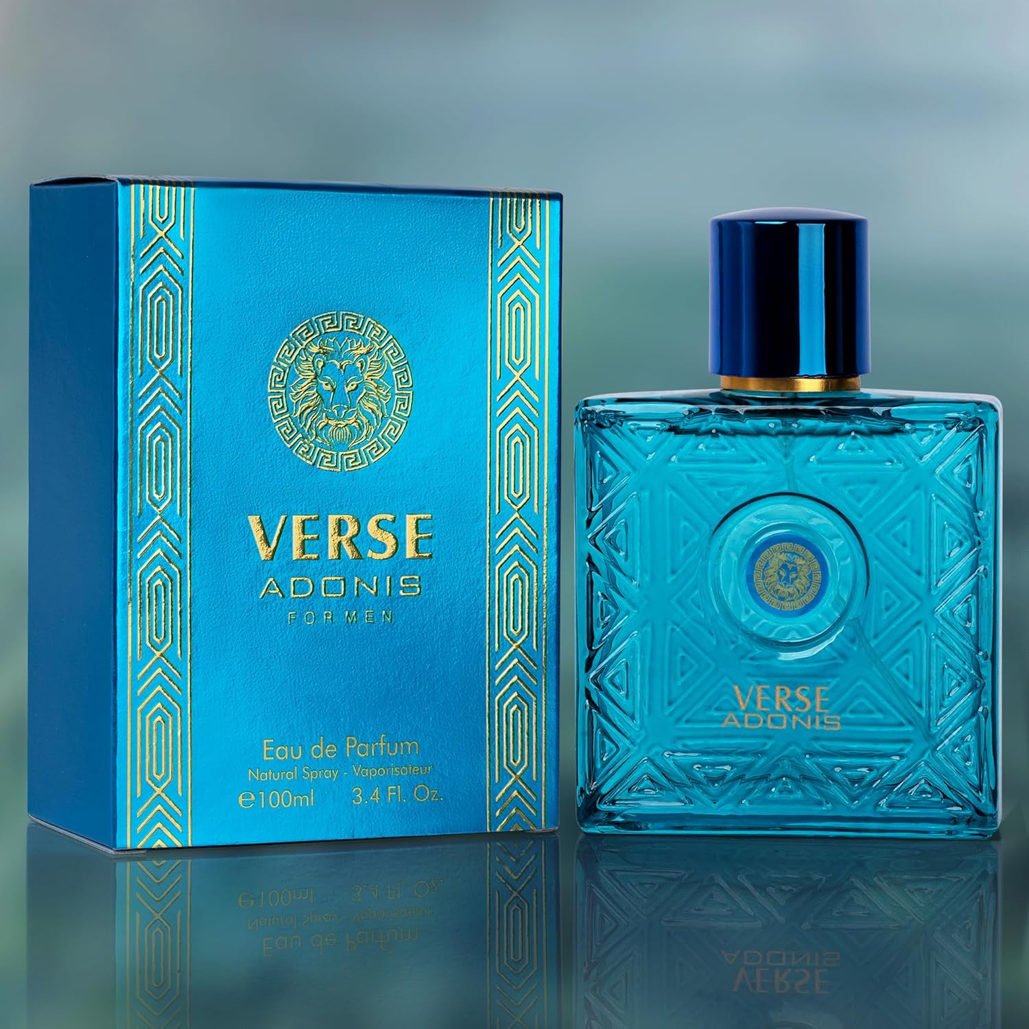 NovoGlow Verse Adonis men's eau de parfum bottle, 3.4 fl oz (100ml), with sleek design and elegant branding.