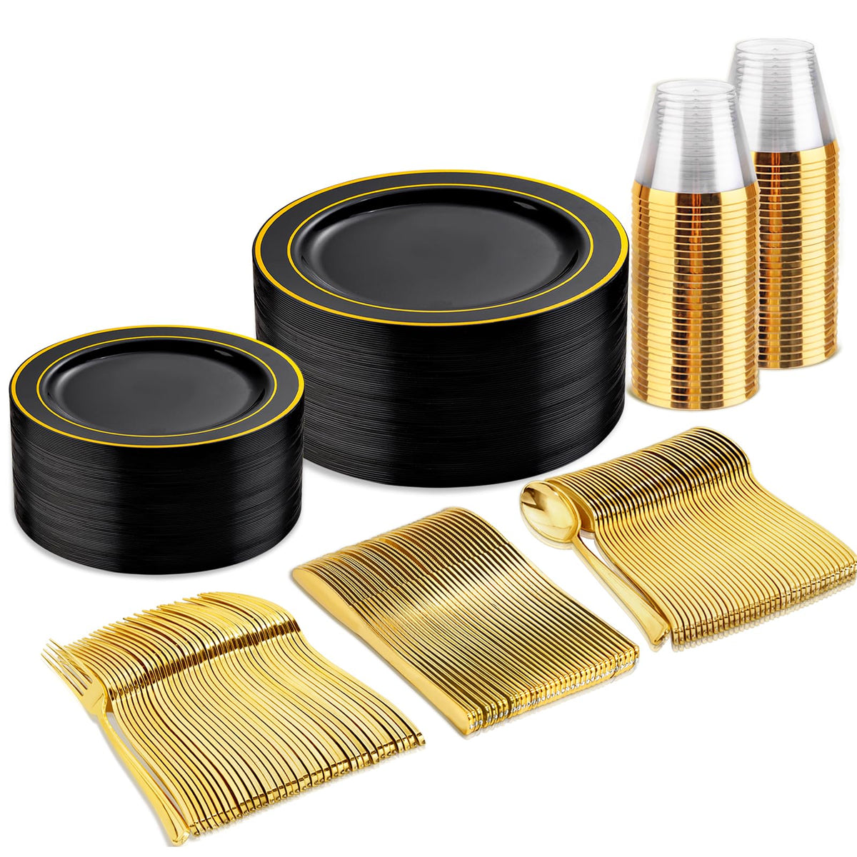 bUCLA 150 Pieces Black and Gold Disposable Dinnerware Set - bUCLA Official Imagery - 1