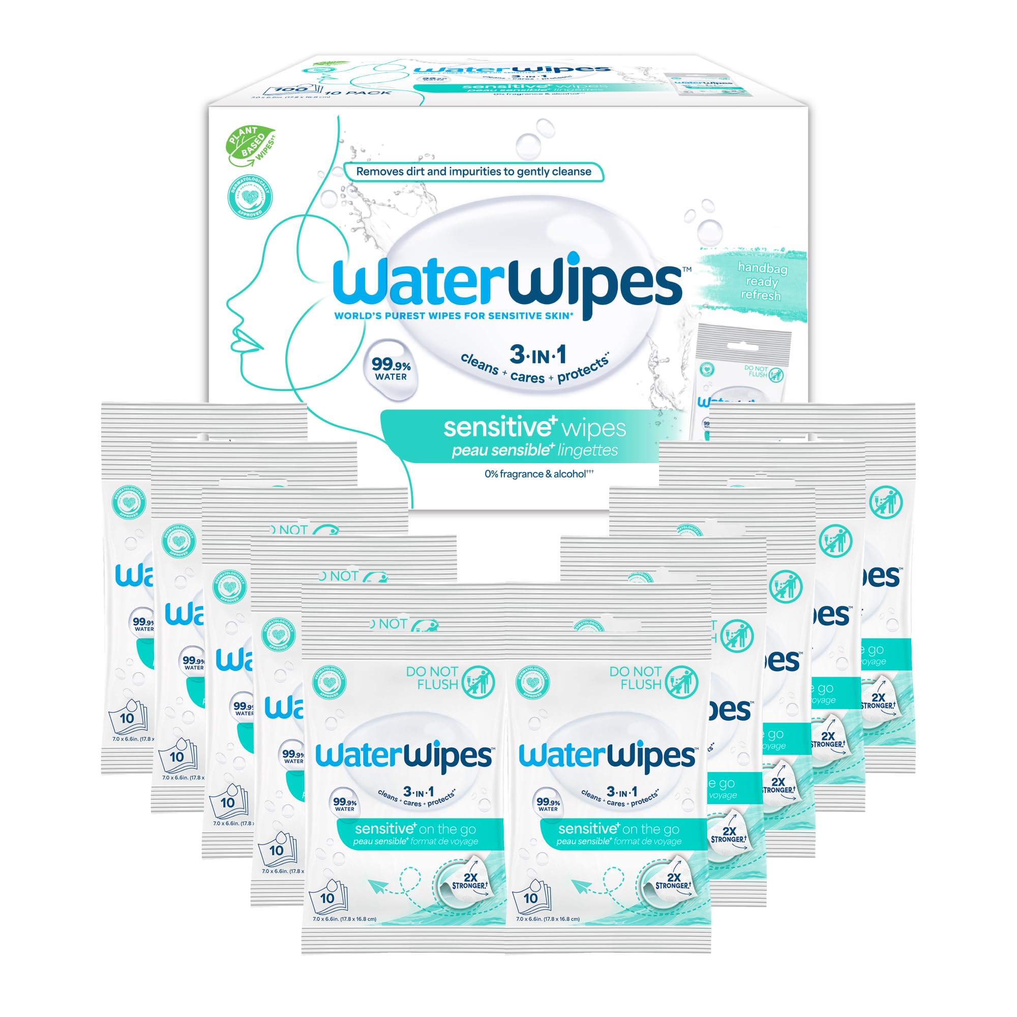 WaterWipes Beauty Sensitive+ On-The-Go Facial Wipes, 99.9% - WaterWipes