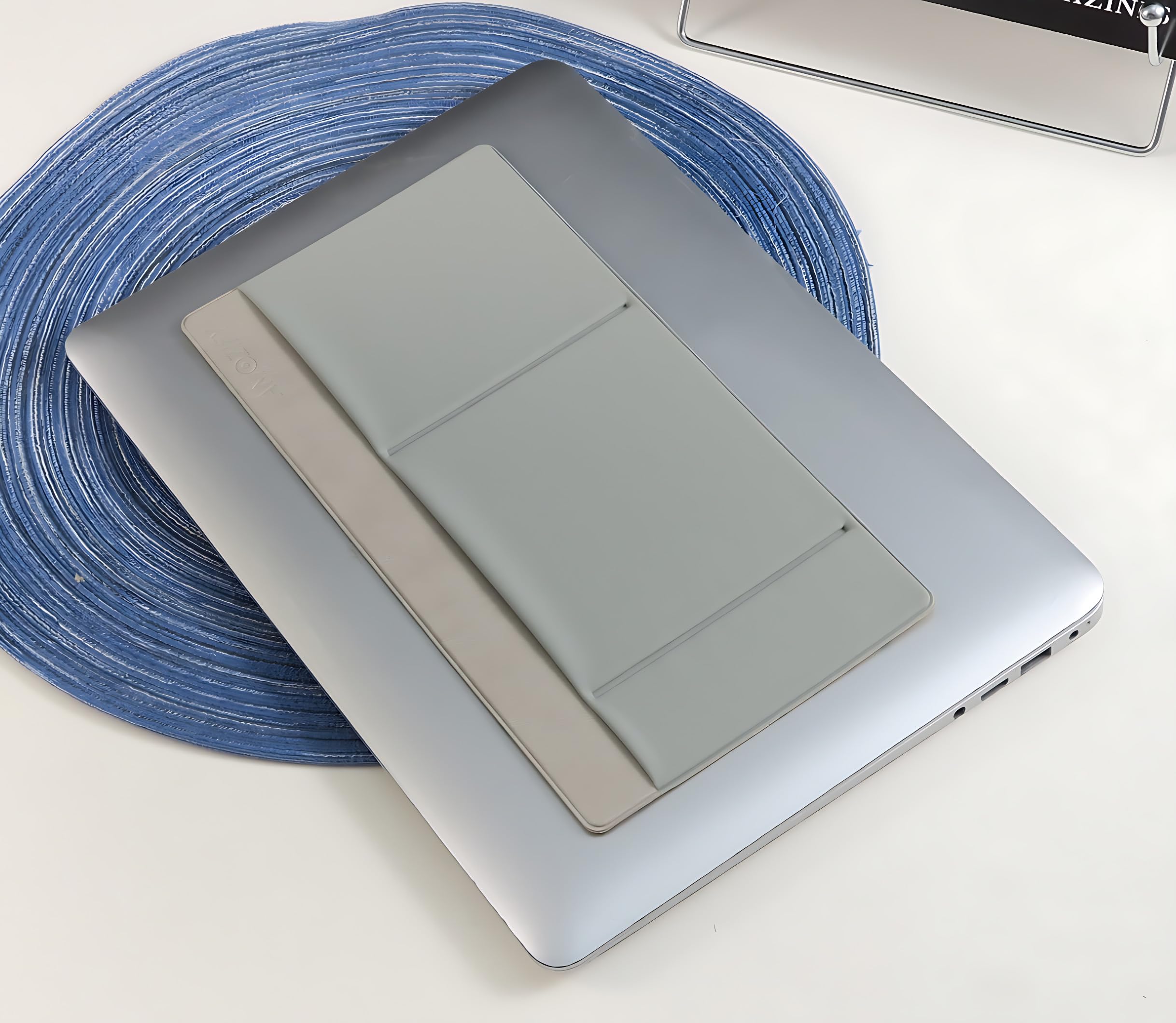 AMOZIFY® 3-pocket gray organizer caddy with adhesive mouse holder, external hard drive sleeve, and SSD storage case for MacBook.