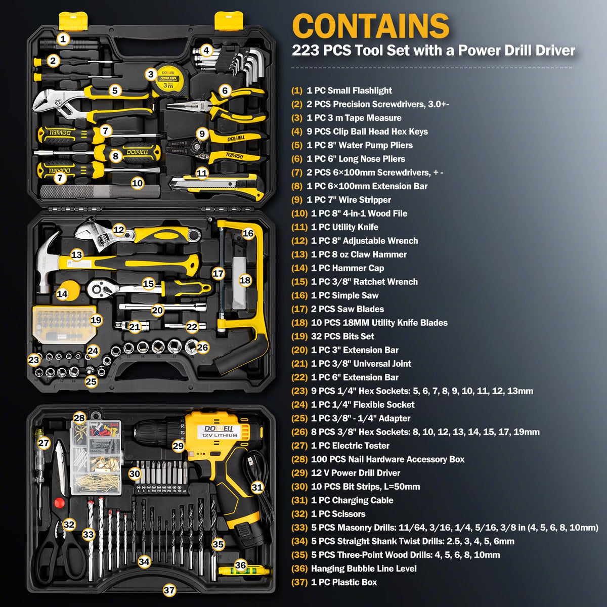 DOWELL Tool Set with 12V Cordless Drill 223 Pcs Home Tool - DOWELL Official Imagery - 3