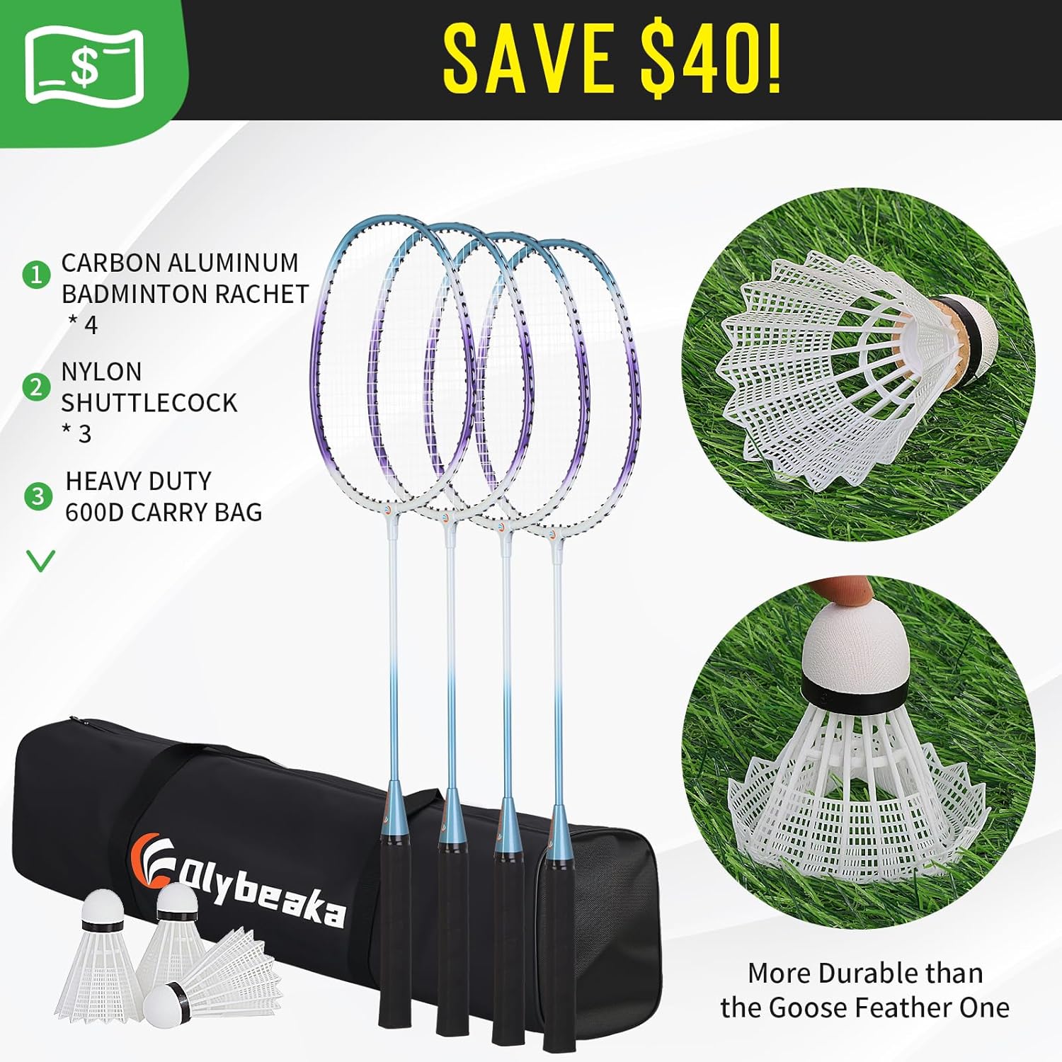 Olybeaka outdoor badminton net set for backyard and beach, includes net, posts, and 20 shuttlecocks for family games