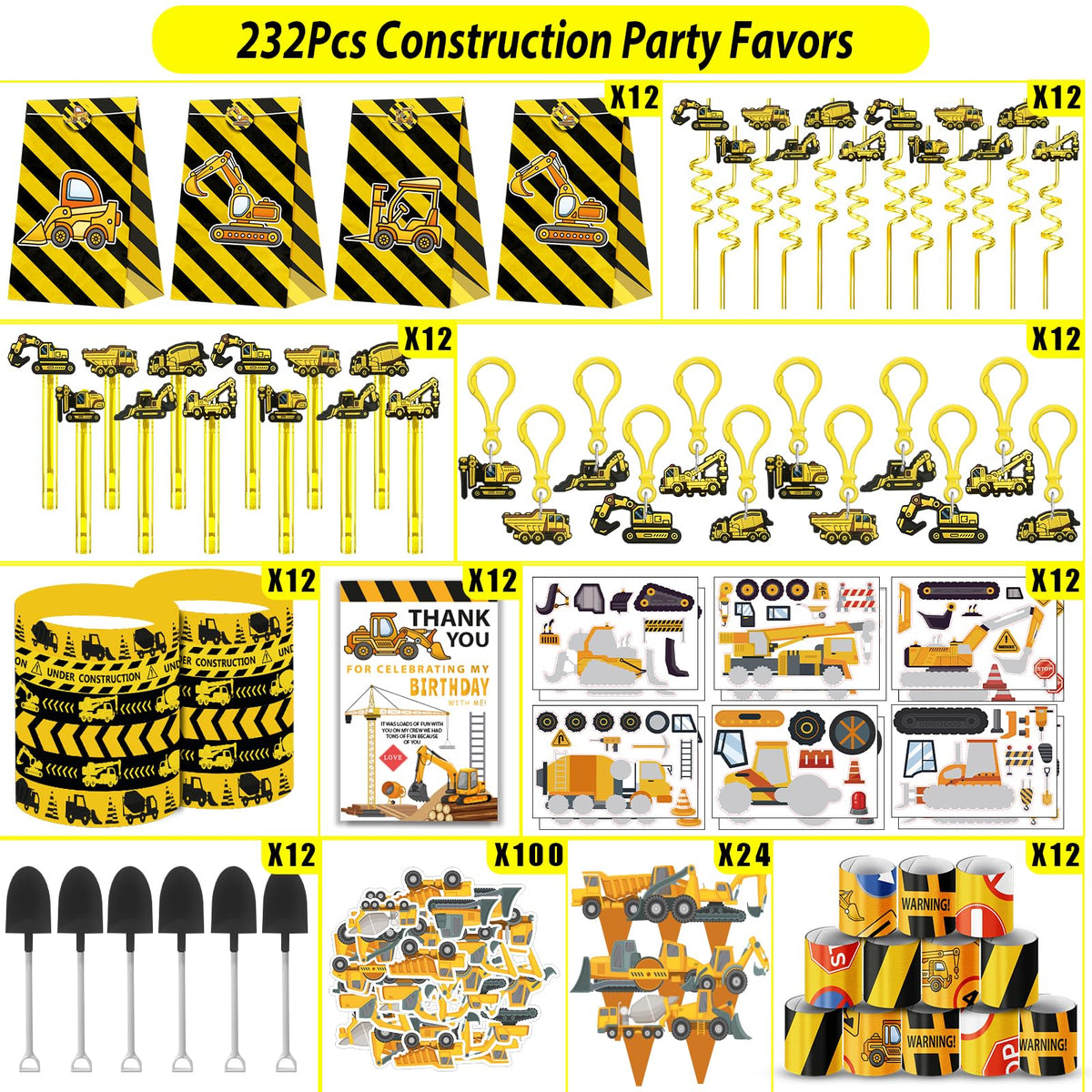 PLOUGVI 232PCS Construction Birthday Party Supplies - PLOUGVI Official Imagery - 8