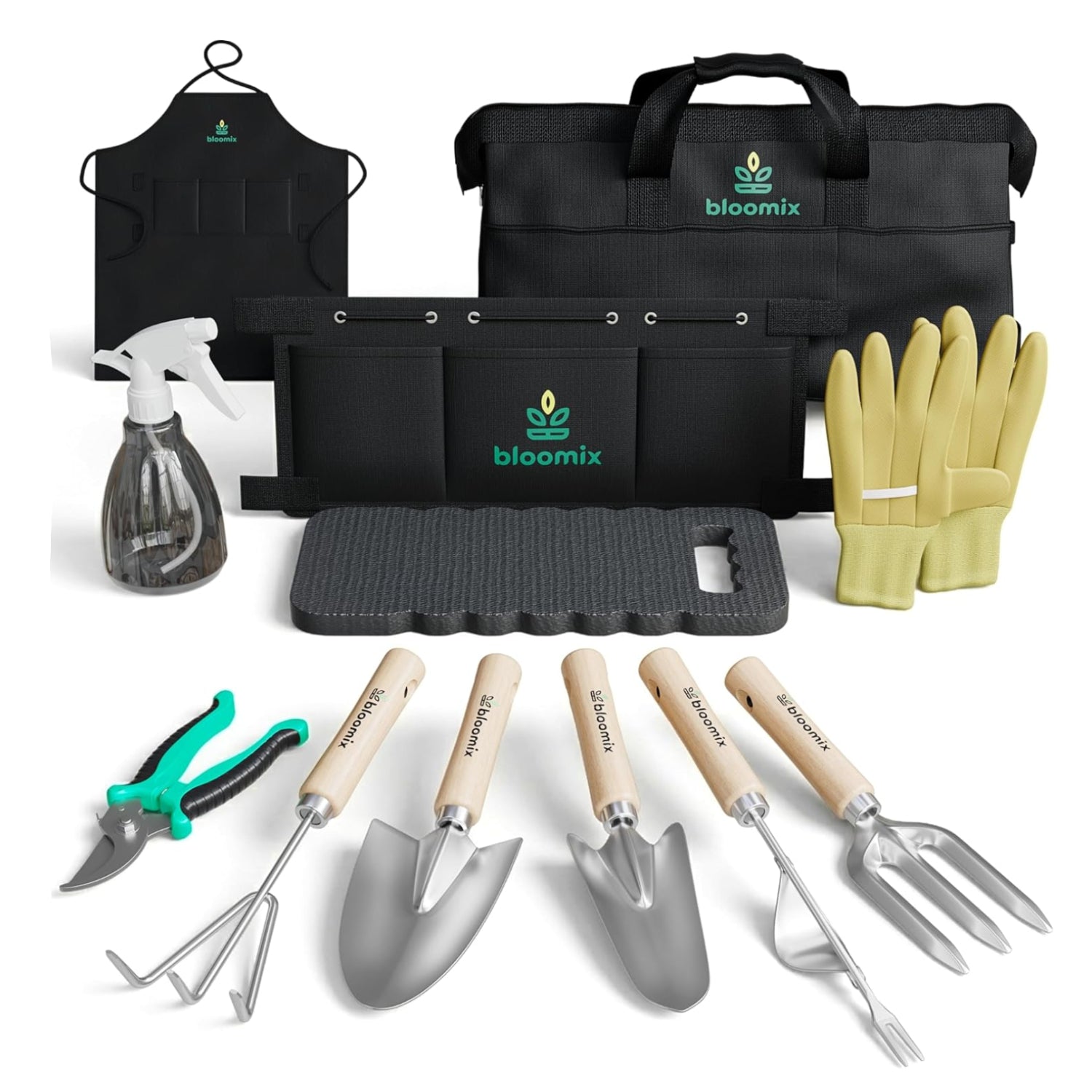 Bloomix 12-piece gardening tools set with heavy-duty tools and carrying bag, including trowels, pruners, and cultivators for gardening tasks.