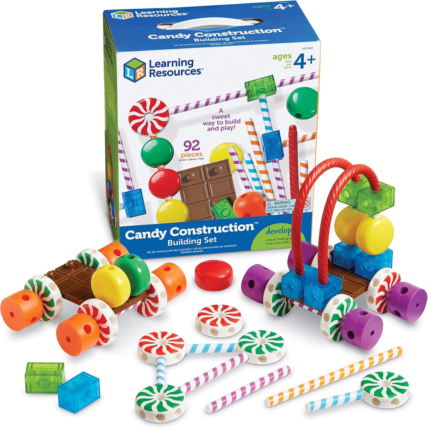 Colorful Learning Resources Candy Construction Building Set with 92 pieces for kids ages 4 and up, featuring plastic building blocks and accessories.