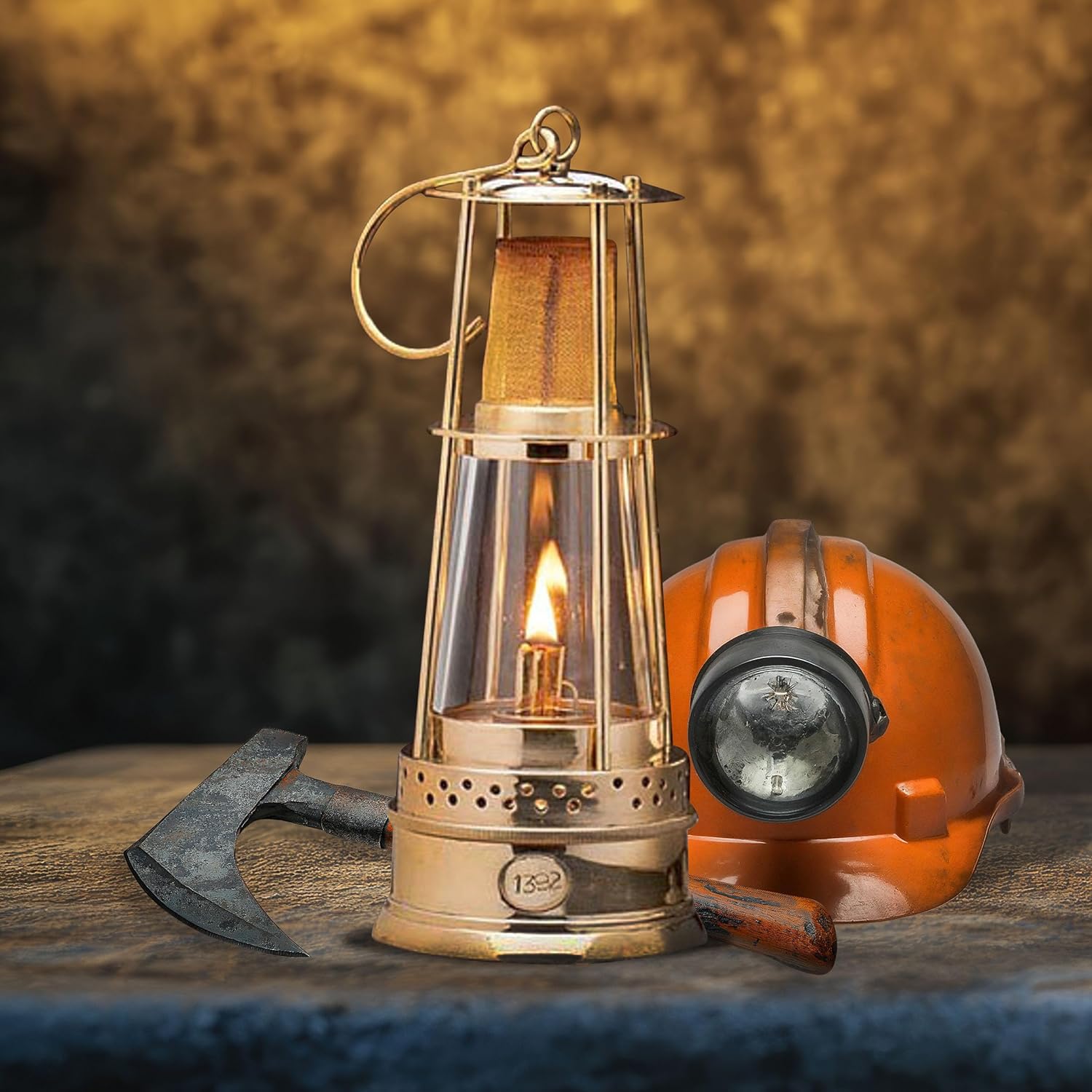 10-inch brass miner's oil lamp with glass chimney, vintage-style Kings County Tools oil lamp for decorative or functional use
