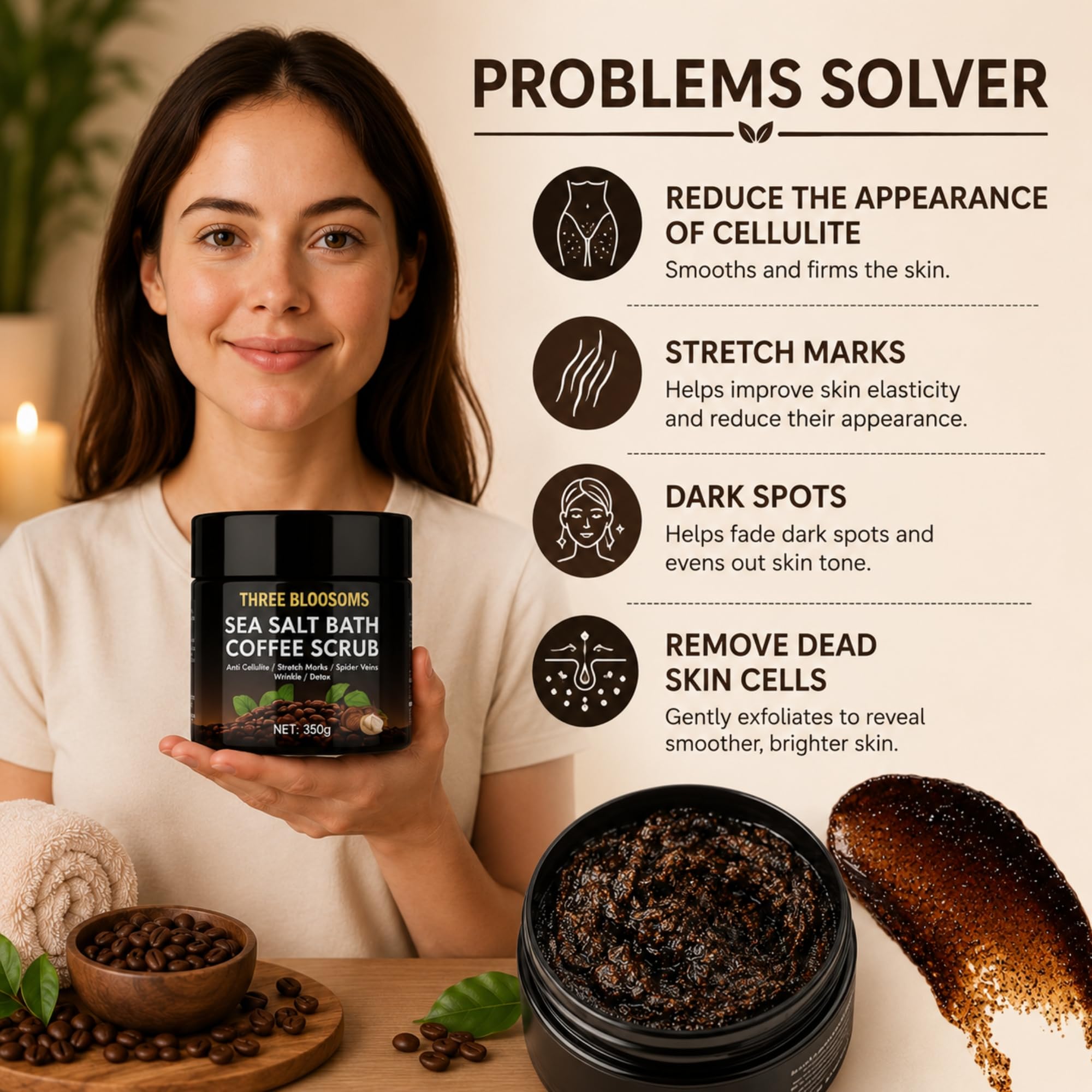 Three Bloosoms Coffee Scrub Body Exfoliator - 350g Anti Cellulite & Anti aging & Rem - Three Bloosoms Official Product View 4