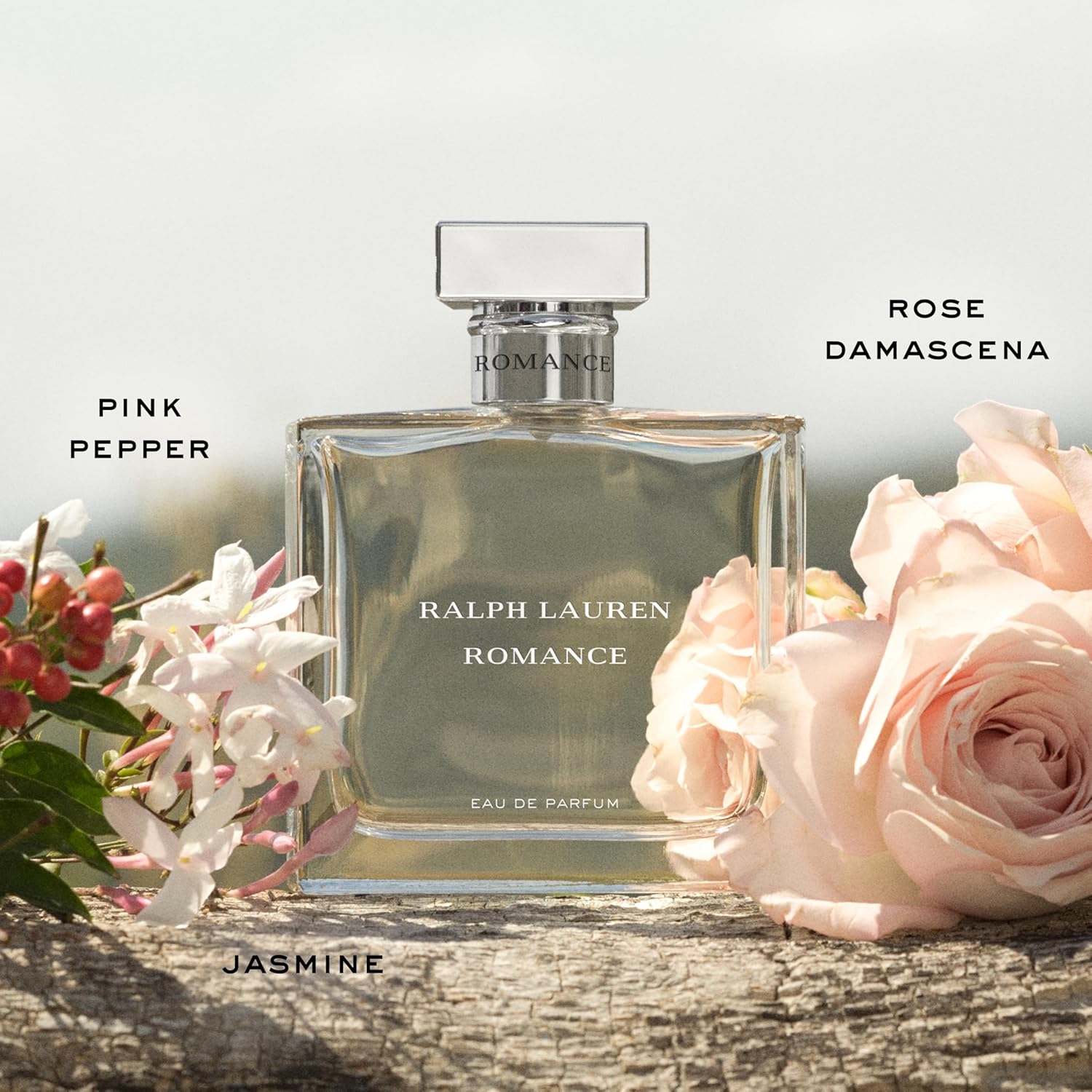 Ralph Lauren Fragrances Romance Eau de Parfum bottle for women with elegant floral design and soft pink accents.