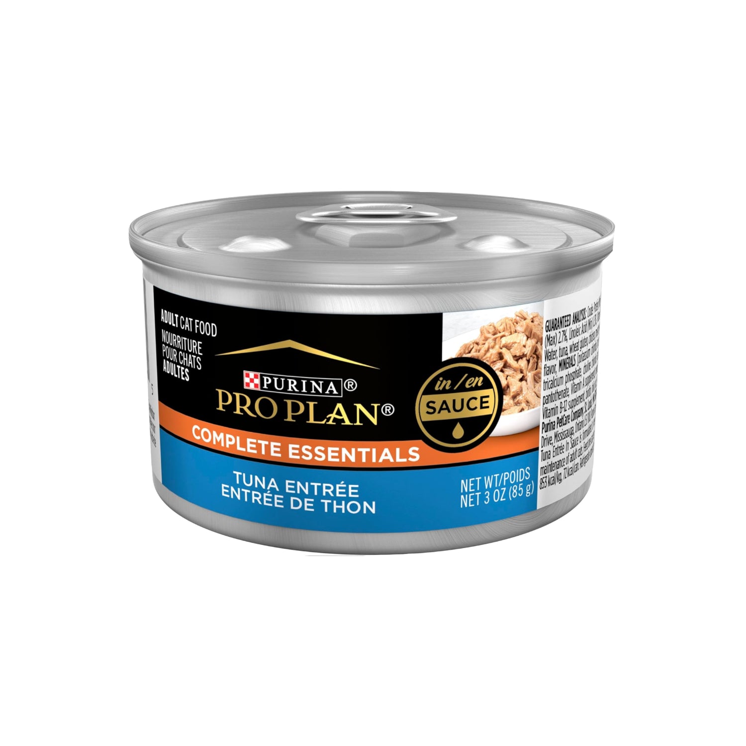 Canned Purina Pro Plan High Protein Wet Cat Food, Tuna Entree, 3 oz, pack of 24, featuring shiny tuna pieces in savory gravy