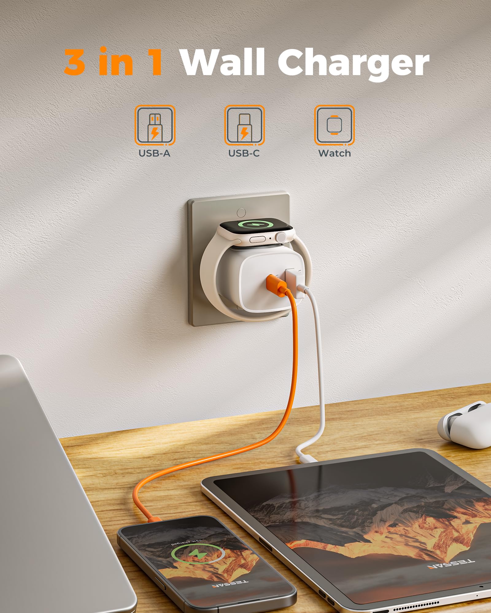 TESSAN Charging Blocks for Apple Watch, 3-in-1 PD 20W USB C Charg by TESSAN - Angle View 2