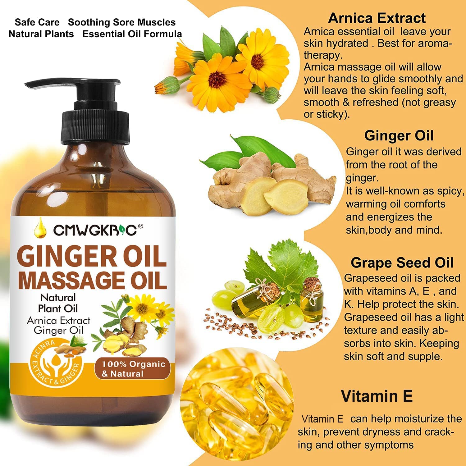 Ginger Oil,Ginger Massage Oil for Lymphatic Drainage,Massage Oil for Massage Therapy,Natural Body Oil for Skin,Arnica Oil,Sore Muslce Massage Oil,Spa Ginger Oil-Warming and Relaxing for Men and Women