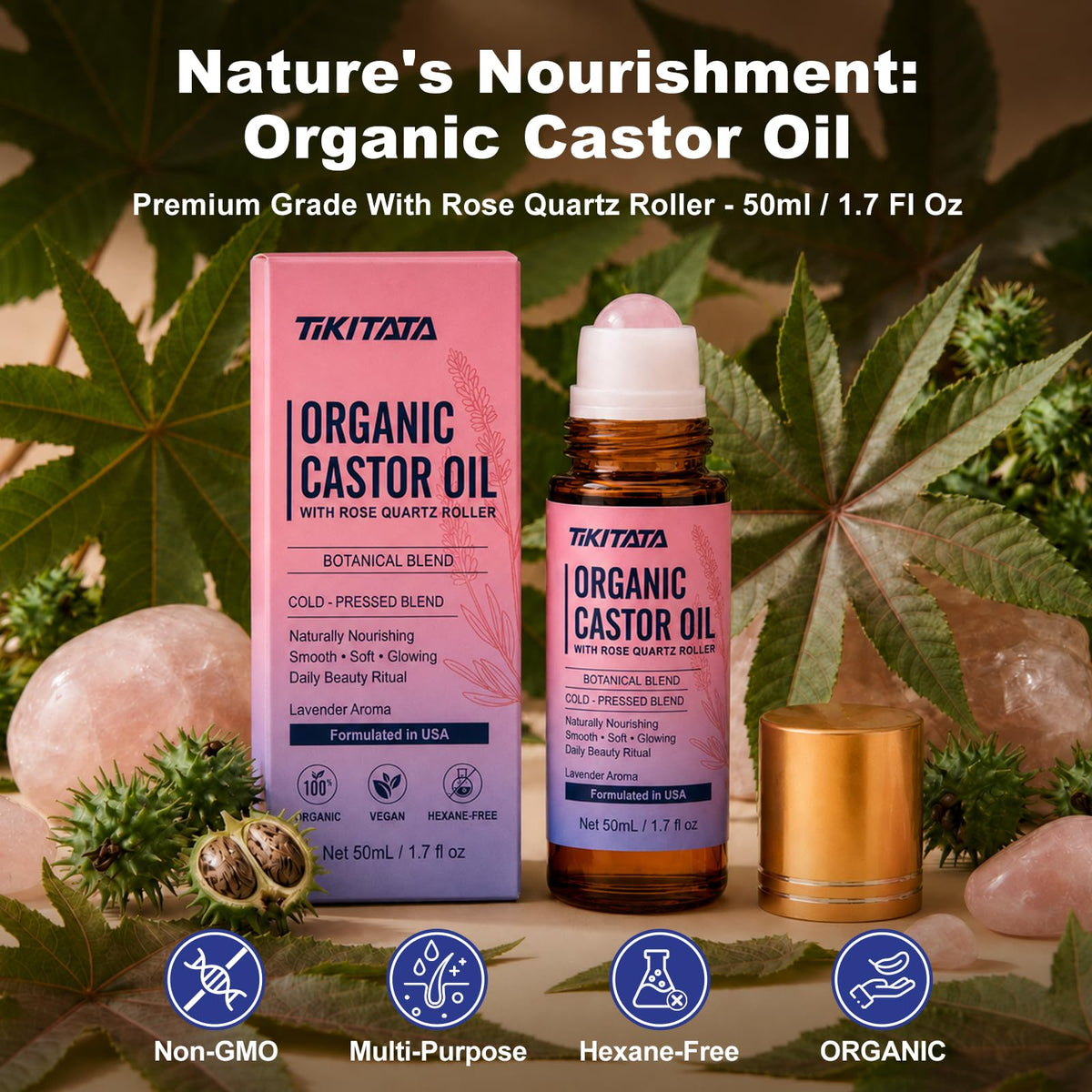 Organic Castor Oil Rose Quartz Roller Ball 100 Cold Pressed - TIKITATA Official Imagery - 8