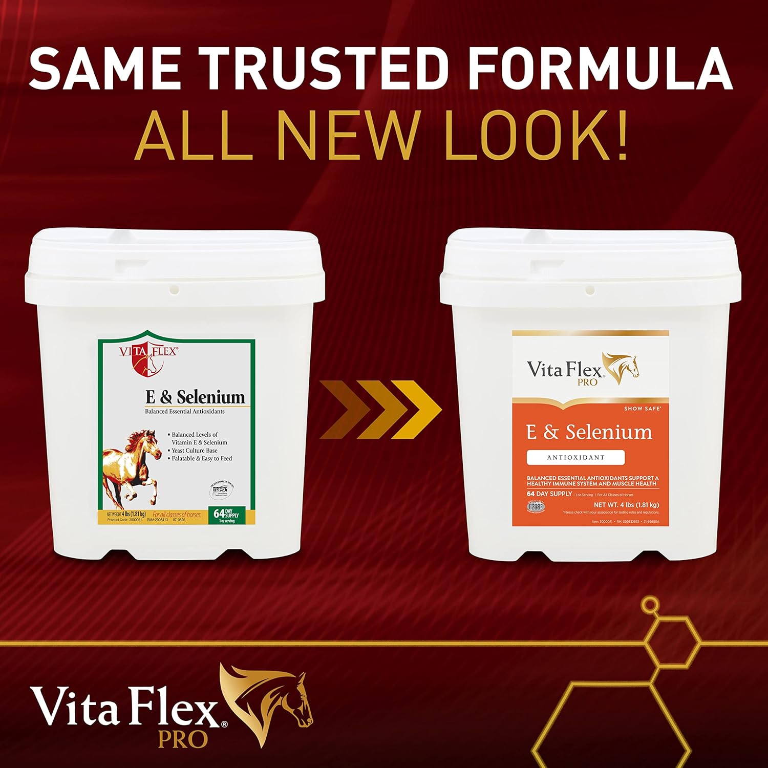 Vita Flex Pro E & Selenium supplement for horses in a 4 lb powder container, featuring Vitamin E and Selenium for horse health.