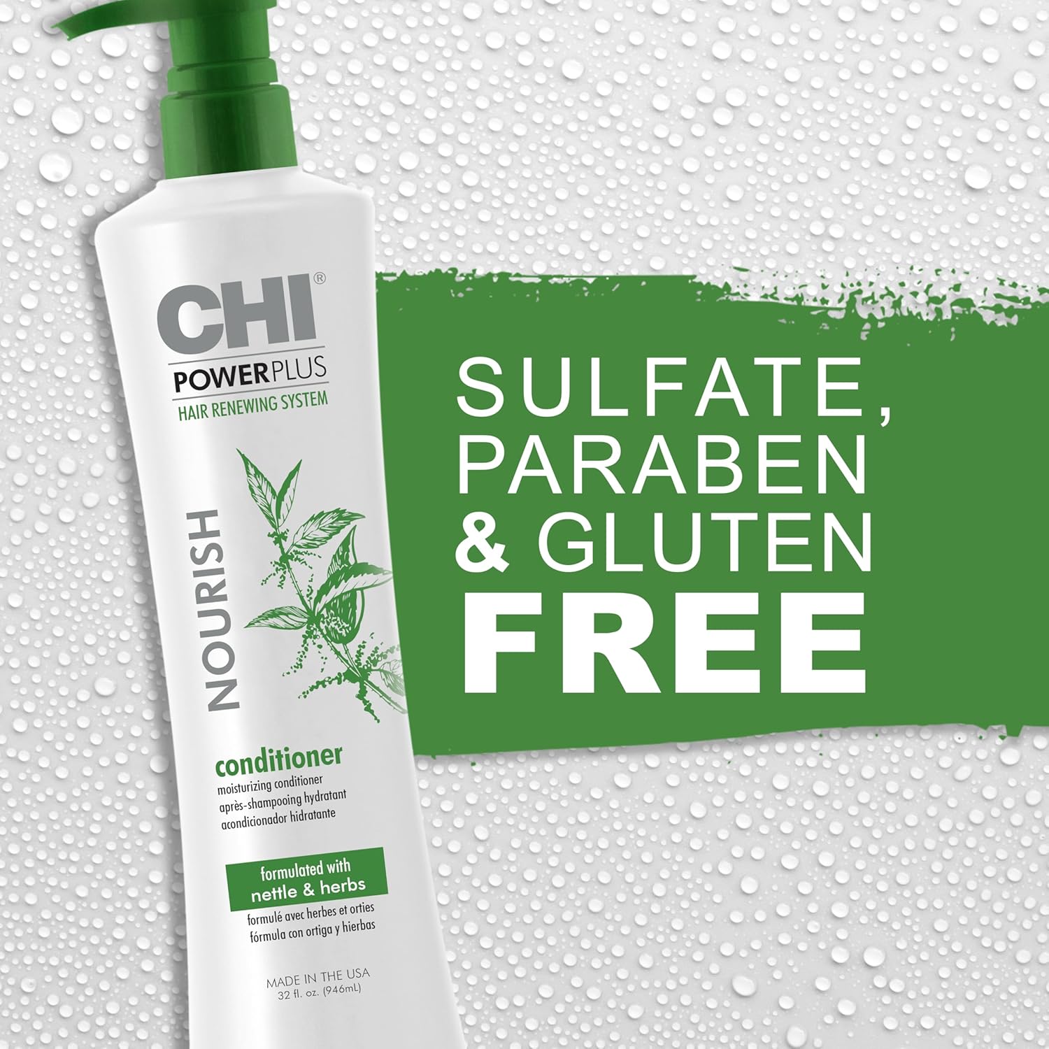 Elefair CHI Powerplus Nourishing Conditioner for hair renewal, showing a sleek bottle with healthy, shiny hair strands.