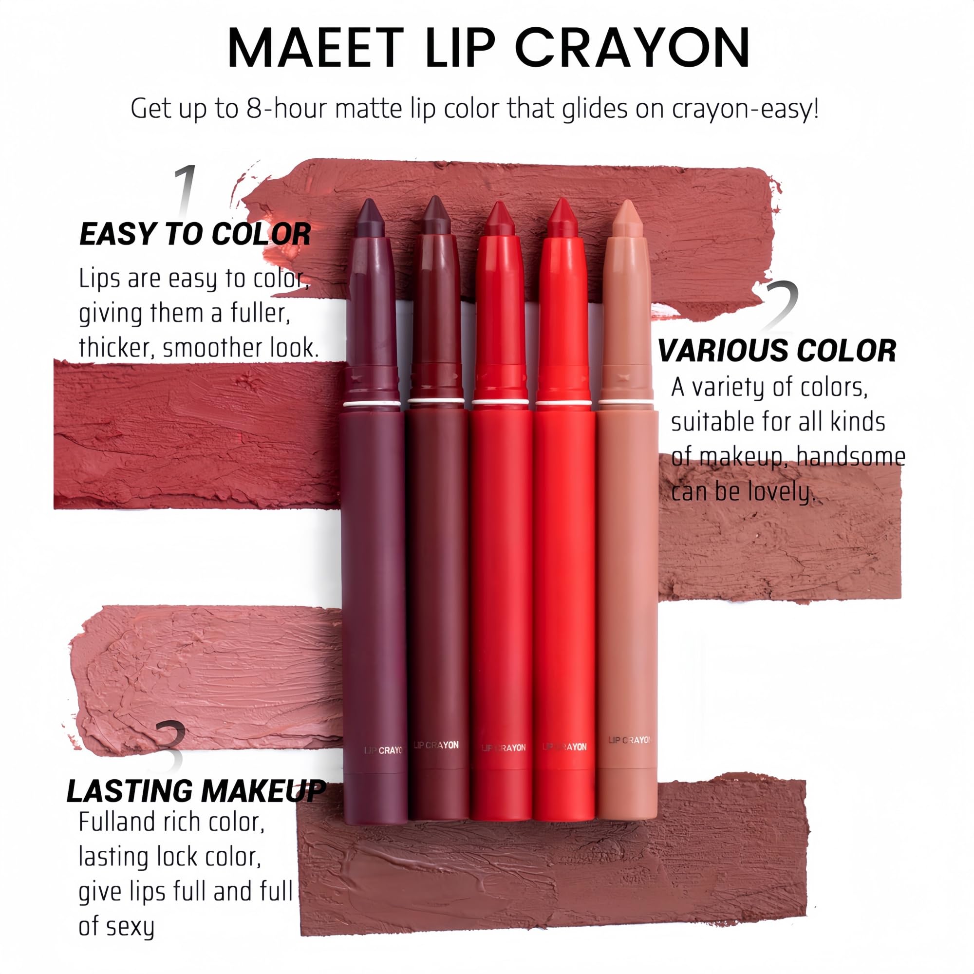 SAUBZEAN Crayon Lipstick Makeup in a vibrant long-lasting waterproof lip color and stain, shown in a sleek crayon form.