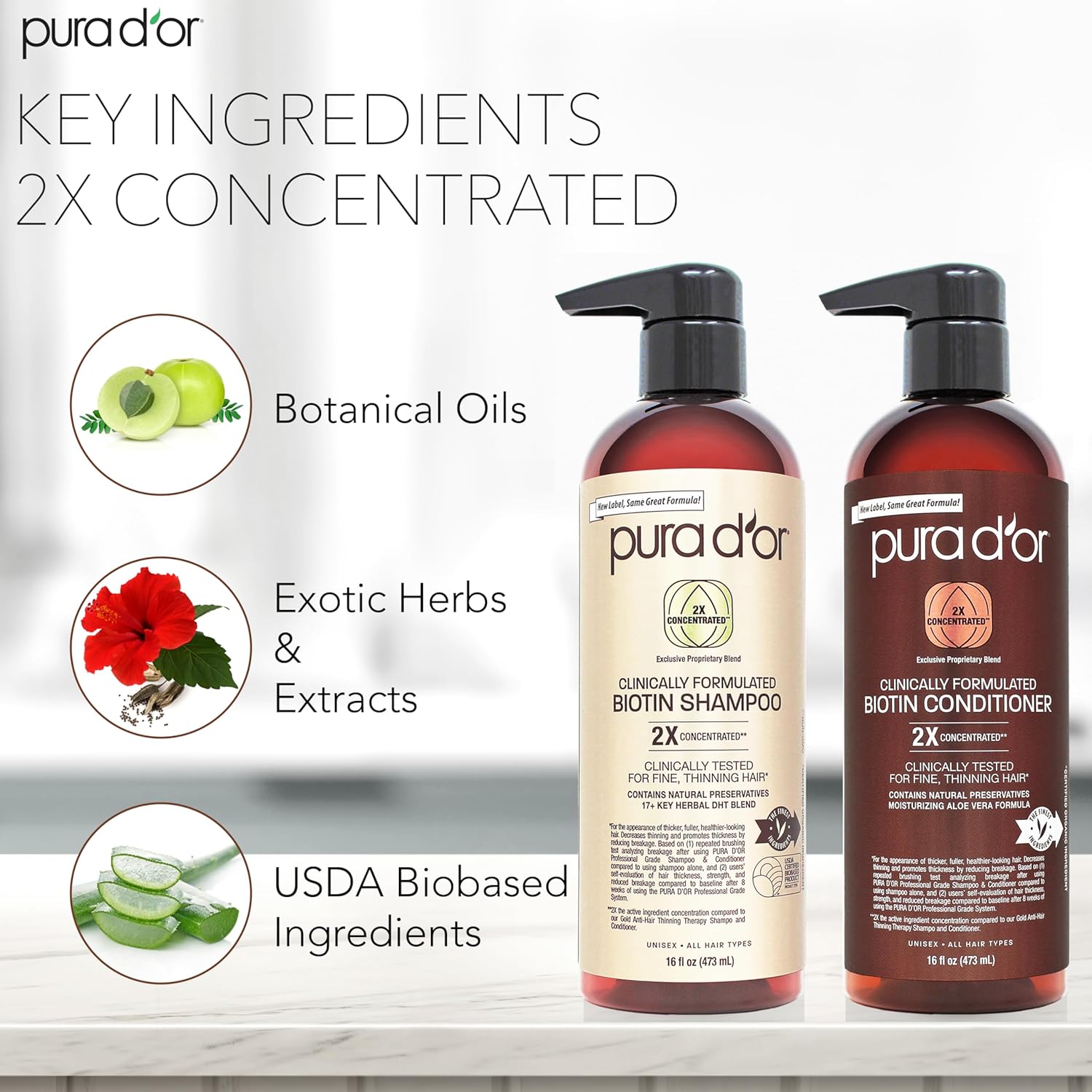 PURA D'OR Biotin Shampoo and Conditioner set with bottles showing label and pump dispensers, designed for healthy hair.